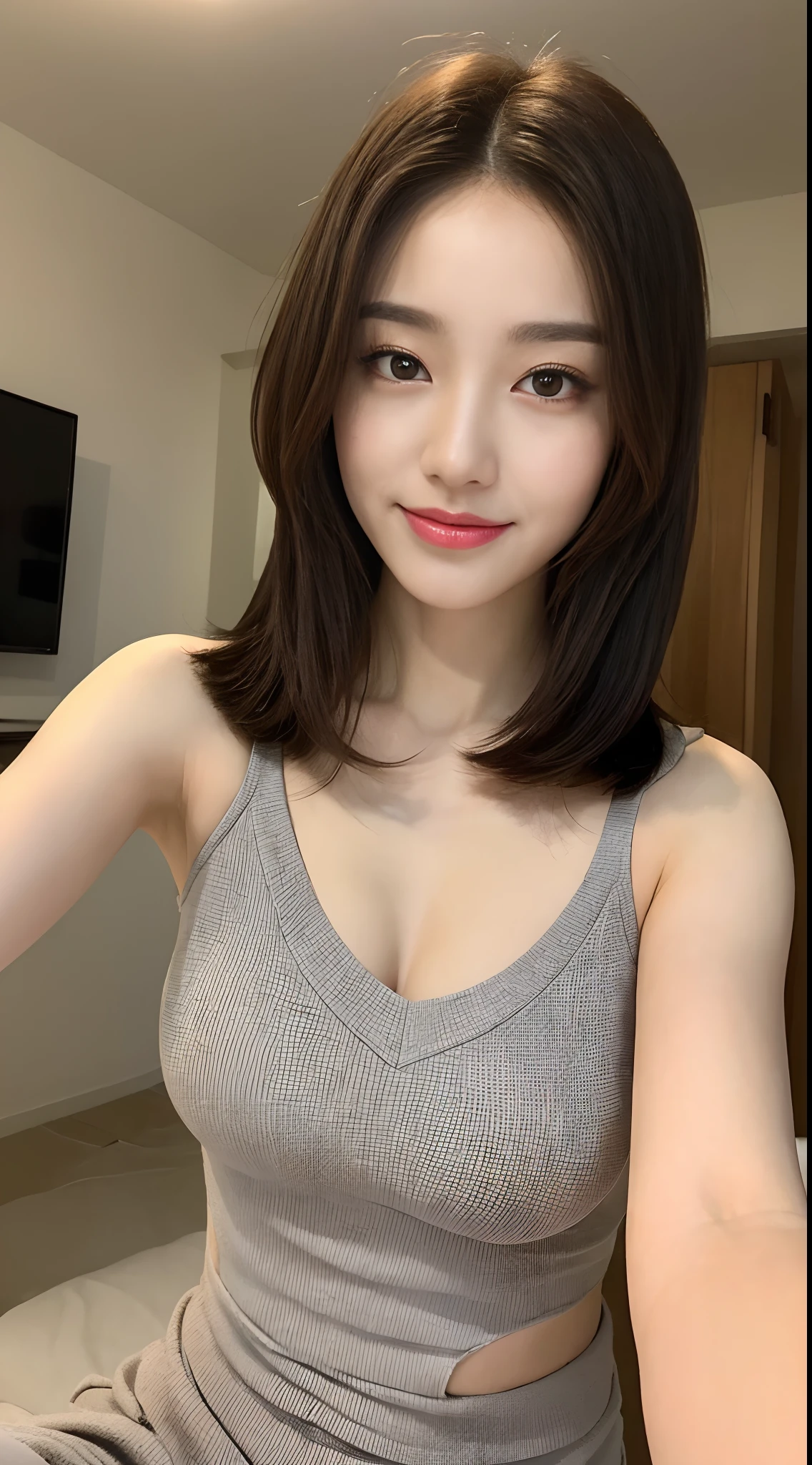 ((Best Quality, 8K, Masterpiece: 1.3)), 1girl, Slim Abs Beauty: 1.3, (Hairstyle Casual, Big Breasts: 1.2), Dress: 1.1, Super Fine Face, Delicate Eyes, Double Eyelids, Smile, Home