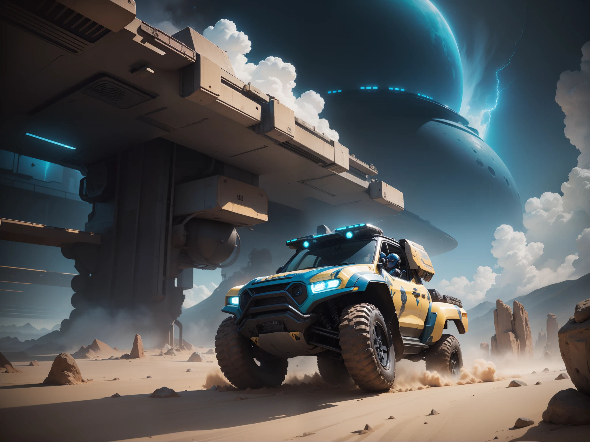 a vibrant cinematic full body photo of a female adventure in an alien world, ((((driving a )))) small ATV ground crawler combat transport. future transport, octane render, high quality ultra future blue an gold space combat visor up, alien planet background, in the style of Rob Lyfeild.