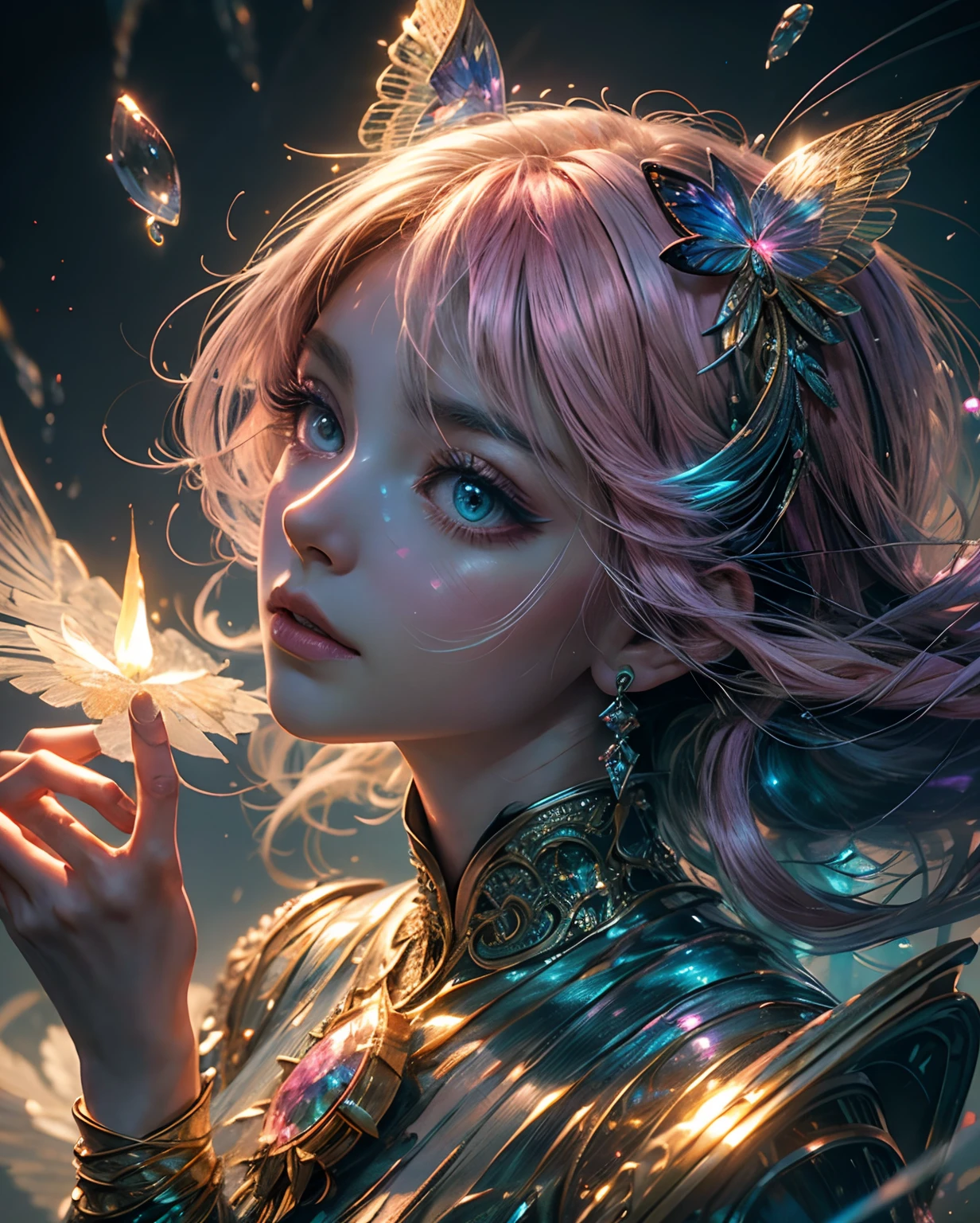 (((masterpiece))), (((best quality))), ((ultra-detailed)),(highly detailed CG illustration), ((an extremely delicate and beautiful)),cinematic light, Create a stunning fantasy artwork that mimics the style of currently trending masters of the genre. The art piece should contain elements of both mythic fantasy and fairytale fantasy with colorful accents. ((Utilize various shades of pink and watercolor pastels as the main color scheme.)) The character in the artwork is a delicate but strong petite figure with an aura of mystery and magic. Pay close attention to intricate facial features, such as mesmerizing eyes with vibrant colors and bold shading. The character's clothing should be designed with gossamer feathers, silk, stunning embroidery, and subtle iridescent details. Incorporate dreamy colors, dynamic lighting, and detailed background elements to create a sense of awe and immersion. Include colorful flying magical birds and jewel-toned butterflies radiating a magical aura. Consider the latest trends in fantasy art, such as incorporating unique lighting effects, exploring dynamic and compelling composition techniques, and experimenting with unique color palettes. Take inspiration from the top artists on ArtStation and Midjourney. Camera: Choose an angle that highlights the character's beauty and enhances the magical majesty of the artwork. Lighting: Utilize atmospheric lighting techniques to create depth and mood. Resolution: Aim for a high-resolution artwork to showcase intricate details and clarity. Art Inspirations: Seek inspiration from the trending artists on ArtStation, exploring different styles, genres, and themes.