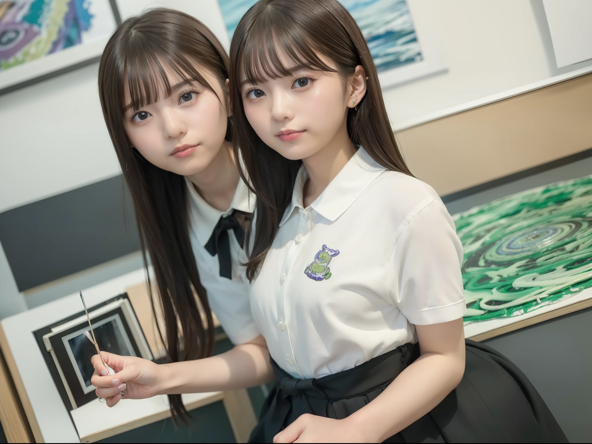 (8K、top-quality、​masterpiece:1.2)、(realisitic、Photorealsitic:1.37)、ultra-detailliert、1womanl、20yr old、独奏、((Beautiful ribbons))、((A dark-haired))、(a smile:1.15)、beautiful finely detailed eyes、(shirt with collar:1.1)、business clothes、White lace、(short-hair:1.2)、Floating Hair NovaFrog Style、up close shot、medium shot、Random Shots、(((Art Room)))