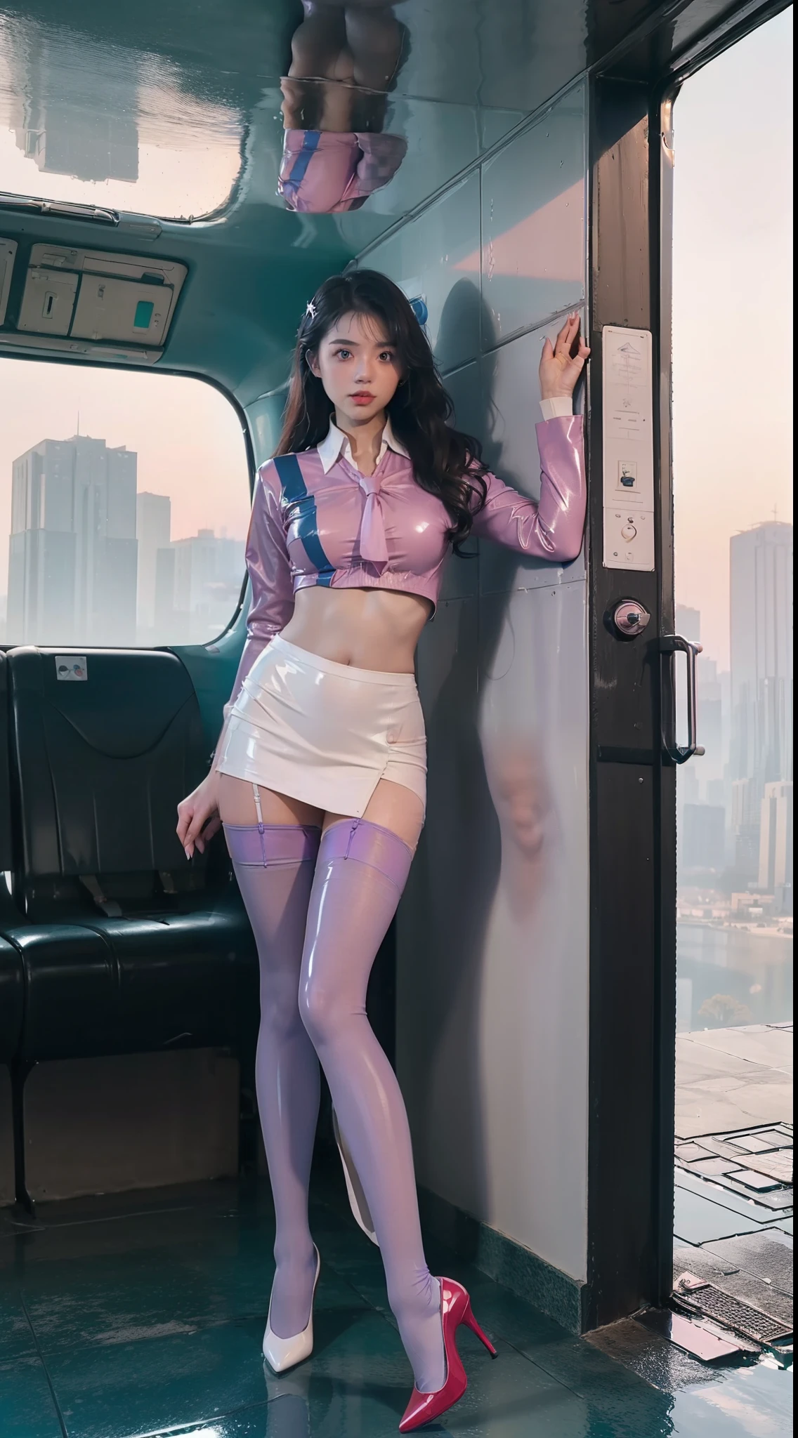 (full bodyesbian:2),(1girll:1.2),(Reveal high heels,A perfect match to the picture:1.1), (anatomy correct:1.3), (Latex pantyhose:1.4),(Cyberpunk city characters|Underground|At the summit|on a snowy mountain|over the sea|in the water|On the boat|Top of high-rise building|On the street|in woods|at the lakes|In front of the waterfall|in an airplane|In space|In the palace|In glass|In the sewers|In the mud|in a Petri dish|In nuclear wastewater|In venom|The metropolis of the future|In the deep sea|:1.1),(Wear gorgeous Republican student uniforms:1.7), (Polished pointed toe heels:1.6), (Stockings reflective:1.5),(In pink|amarelo|blue colors|green color|red colour|white colors|black in color|purpleish color|greys|Beige|Flesh-colored:1.3),(Accurate and perfect face:1.4),A shallow laugh,,hyper HD, Ray traching, reflective light,structurally correct, Award-Awarded, high detal, lightand shade contrast, Face lighting,cinmatic lighting, tmasterpiece, super detailing, high high quality, high detal, best qualityer, 16k,