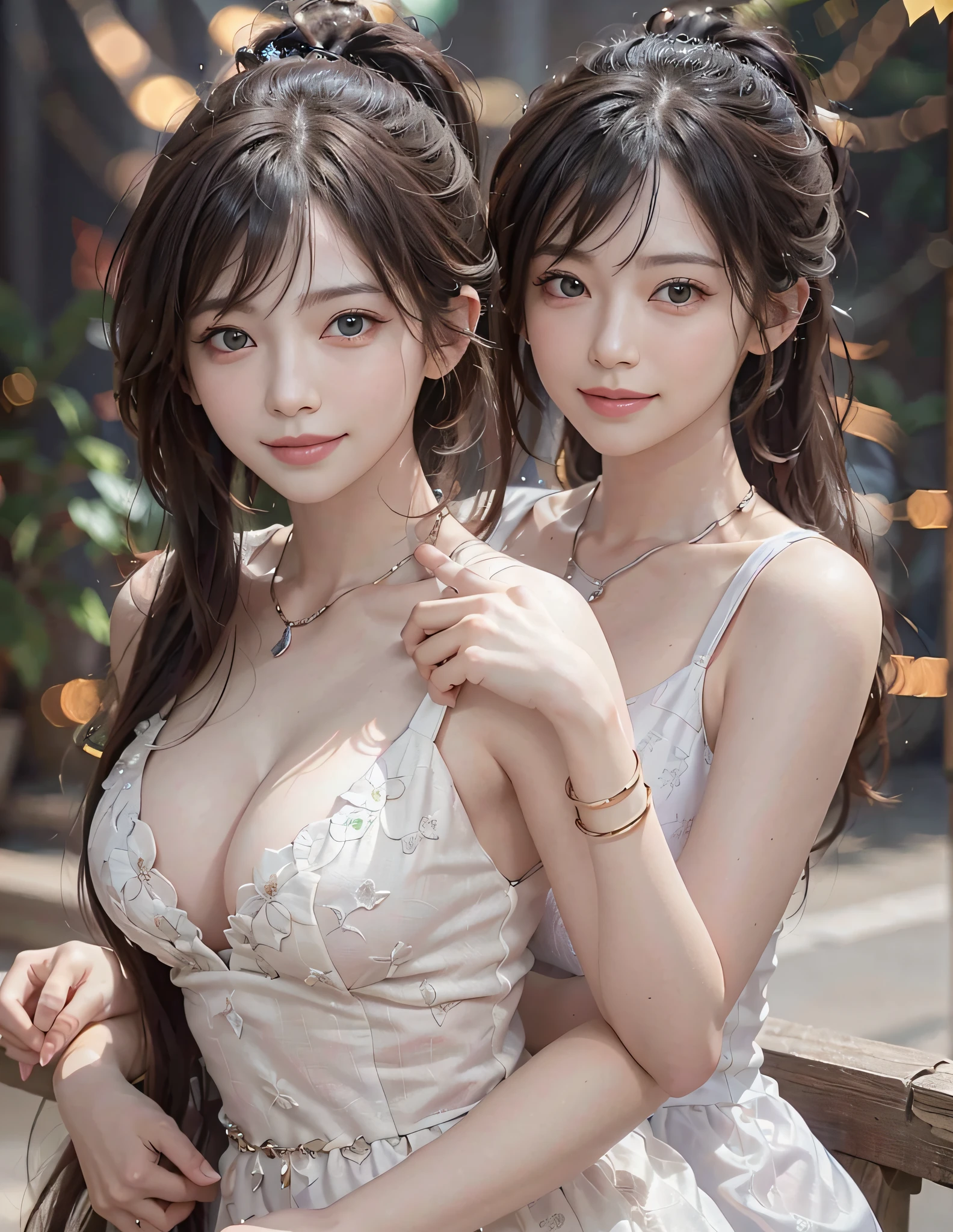 1girl, Solo, (((((SFW)))), 8K, RAW Photography, Best Quality, Masterpiece, High Definition RAW Color Photos, Professional Photos, (Realistic, Photorealistic: 1.37), (High Definition Skin: 1.2), High Resolution, Beautiful Detailed Eyes, (Hard Focus: 1.4), (Sharp Focus: 1.4), Photomatic, (8K UHD: 1.2), Shape Focus ( Amazingly wonderful, exquisitely fine, ultra-complex, super ultimate, super awesome detail: 1.4), high quality shadows, lip parting, slender face, bangs, ponytail, light green eye color, smiling detailed eyes, happy smile, suggestive (upper body), (depth of field)))), fair skin, 18 years old, (big breasts)), bokeh, lens flare, (vignette: 0.8), Dramatic Lighting, Cinematic Lighting, Backlight, Professional Lighting, Physically Based Rendering, ULZZANG-6500-v1.1, pureerosface_v1. intricate white dress, dark eyeliner, piercings, necklaces, bangles, blushing cheeks, look at the front,