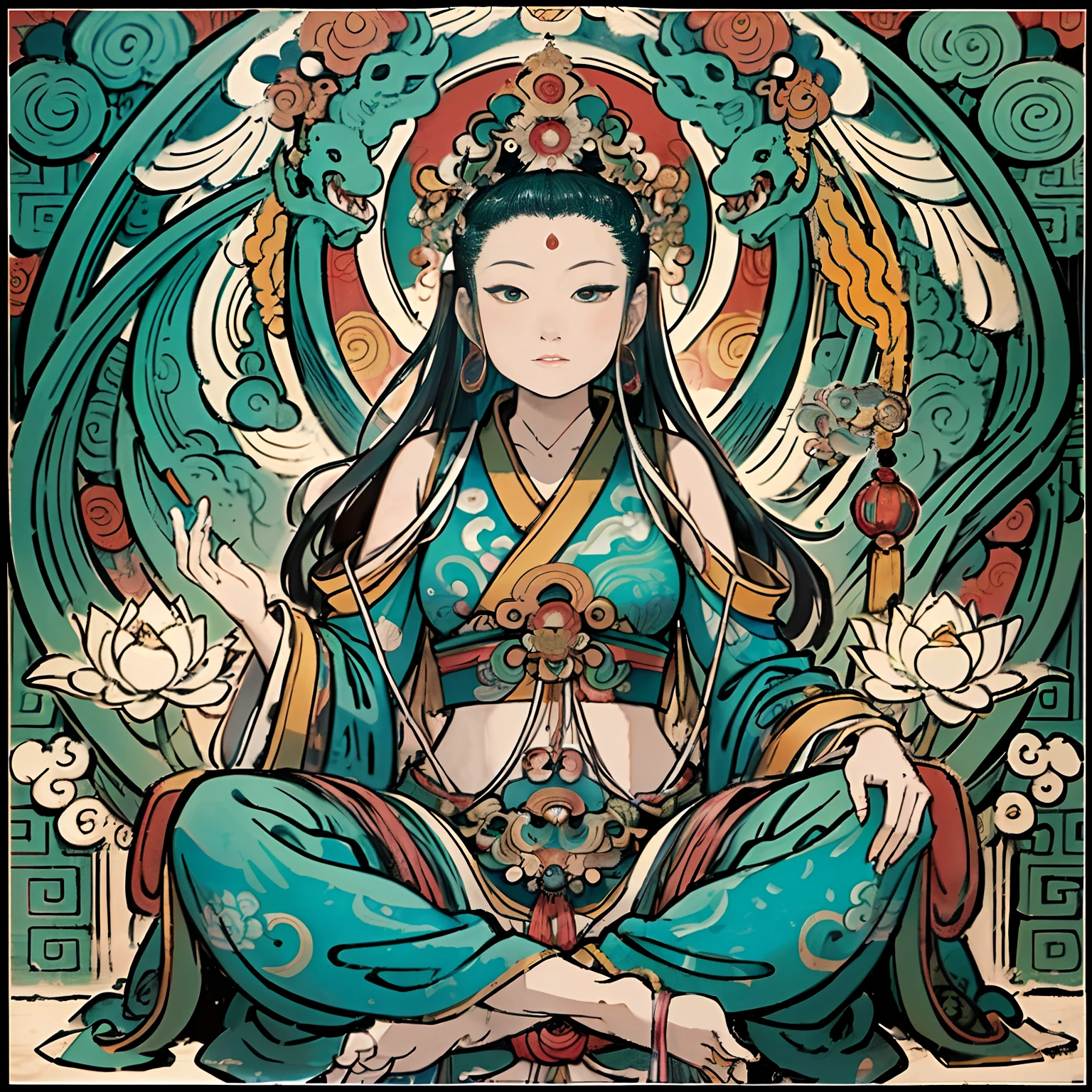 an ancient Chinese goddess, guanyin of the southern seas, Guanyin, Inspired by India, Avalokiteshvara Bodhisattva Dragon,,Serene expression,shui mo hua,Buddha,Buddhist,Lotus,Chinese painting style,Thangka style