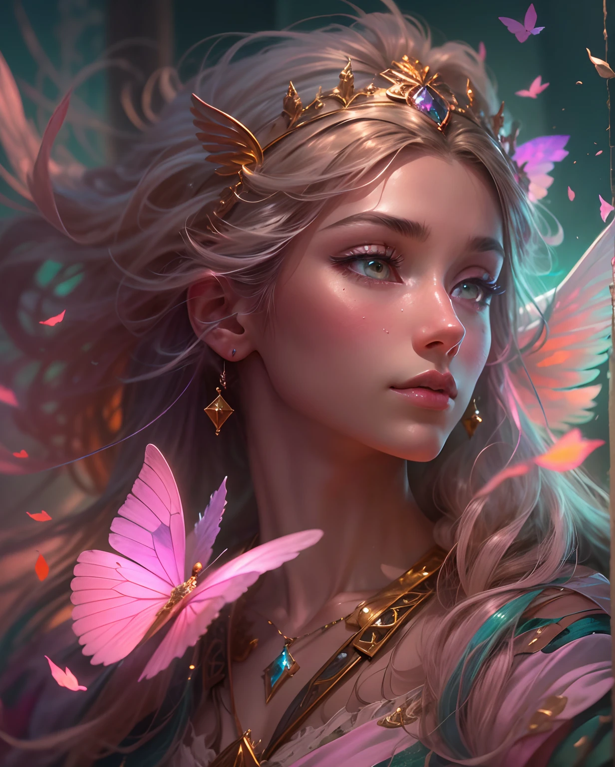 (((masterpiece))), (((best quality))), ((ultra-detailed)),(highly detailed CG illustration), ((an extremely delicate and beautiful)),cinematic light, Create a stunning fantasy artwork that mimics the style of currently trending masters of the genre. The art piece should contain elements of both mythic fantasy and fairytale fantasy with colorful accents. ((Utilize various shades of pink and watercolor pastels as the main color scheme.)) The character in the artwork is a delicate but strong petite figure with an aura of mystery and magic. Pay close attention to intricate facial features, such as mesmerizing eyes with vibrant colors and bold shading. The character's clothing should be designed with gossamer feathers, silk, stunning embroidery, and subtle iridescent details. Incorporate dreamy colors, dynamic lighting, and detailed background elements to create a sense of awe and immersion. Include colorful flying magical birds and jewel-toned butterflies radiating a magical aura. Consider the latest trends in fantasy art, such as incorporating unique lighting effects, exploring dynamic and compelling composition techniques, and experimenting with unique color palettes. Take inspiration from the top artists on ArtStation and Midjourney. Camera: Choose an angle that highlights the character's beauty and enhances the magical majesty of the artwork. Lighting: Utilize atmospheric lighting techniques to create depth and mood. Resolution: Aim for a high-resolution artwork to showcase intricate details and clarity. Art Inspirations: Seek inspiration from the trending artists on ArtStation, exploring different styles, genres, and themes.