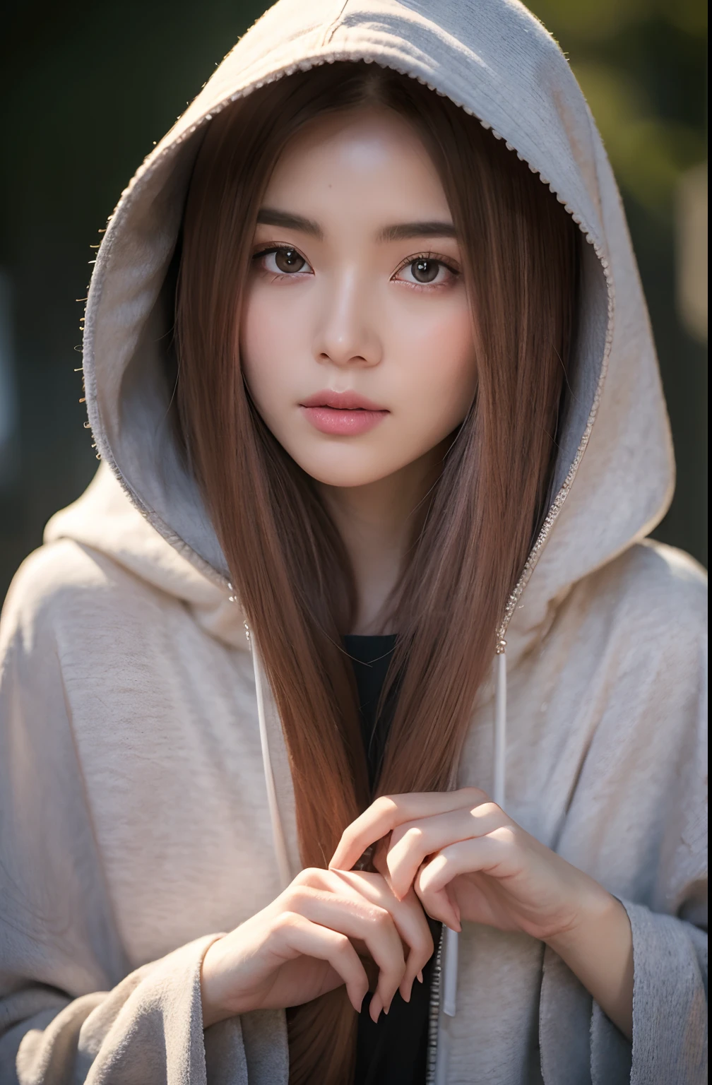 Cute hooded Grim Reaper shrouded in dark mist,Wielding a scythe,Emerge from the swirling shadows.Stand in the Cemetery of Forgotten Souls.(Light brown and light pink striped hair:1.3,),Perfect face,Proper body proportion,masutepiece,Super high-quality output images,超A high resolution,Intricate details,Very delicate and beautiful hair,photographrealistic,Dreamy,Professional Lighting,realistic shadow,Solo Focus,Beautiful hands,Beautiful fingers,Detailed finger features,detailed clothes features,Detailed hair features,detailed facial features,