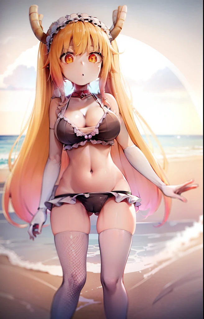 Make the artwork of the character tohru, do anime maid dragon, usando um biquini rosa, na praia, seios enormes, coxas macias, umbigo de fora, barriga de fora.