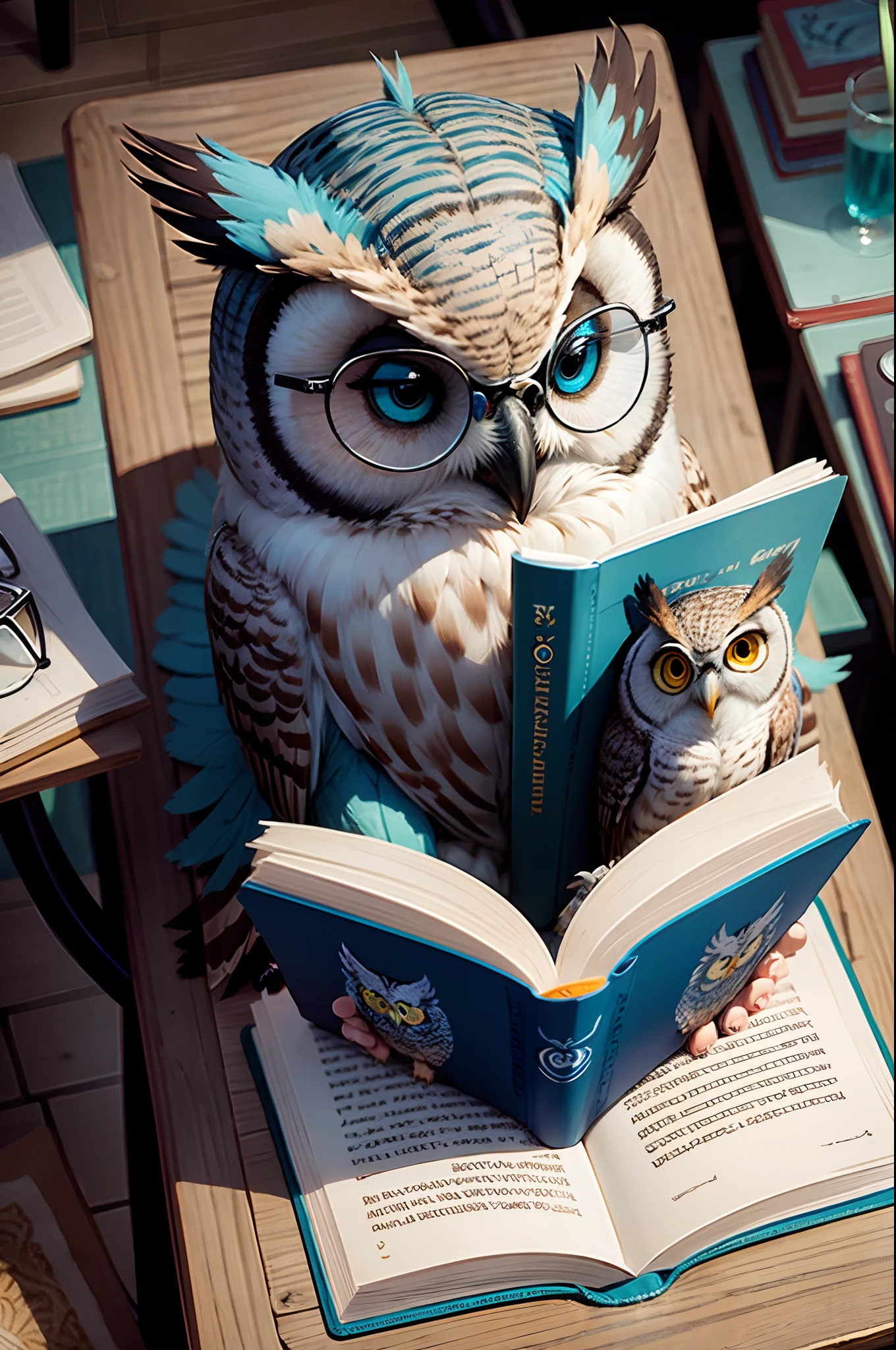 Owl Glasses Blue Animal Cartoon ,lendo livro --auto