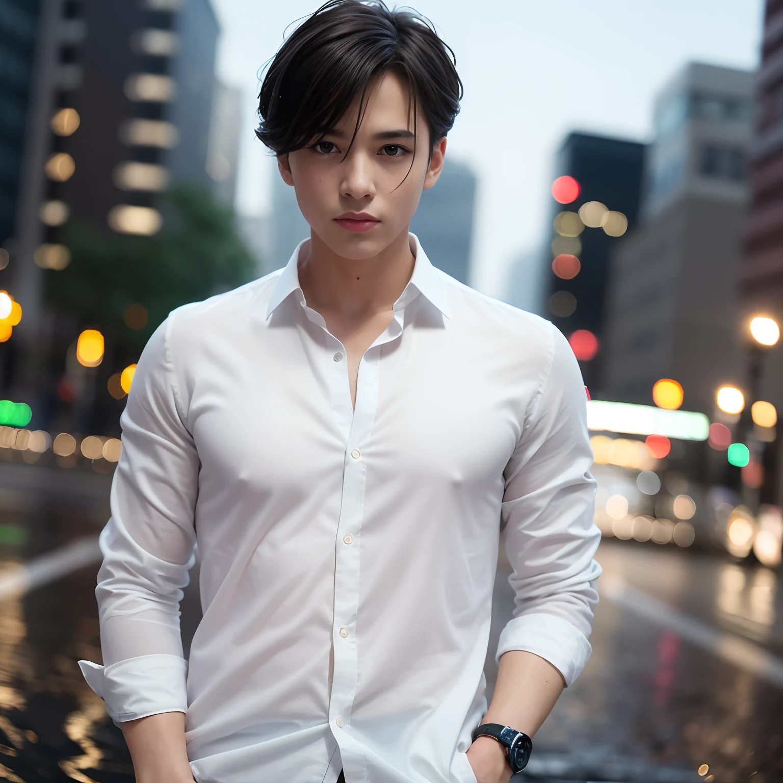 Casual pose, (extremely delicate and beautiful work), (masterpiece), 1boy, overbearing president, white shirt, high detail, suit, watch, cold expression, clear eyes, simple bokeh background, extreme detail depiction, handsome and compelling, super fine painting, delicate face, fine mix4, (8k, RAW photo, best quality, masterpiece: 1.2), (realistic, realistic: 1.37), 1boy, handsome, cityscape, (((night))), rain, wet, professional lighting, photon mapping, radiosity, physically-based rendering,