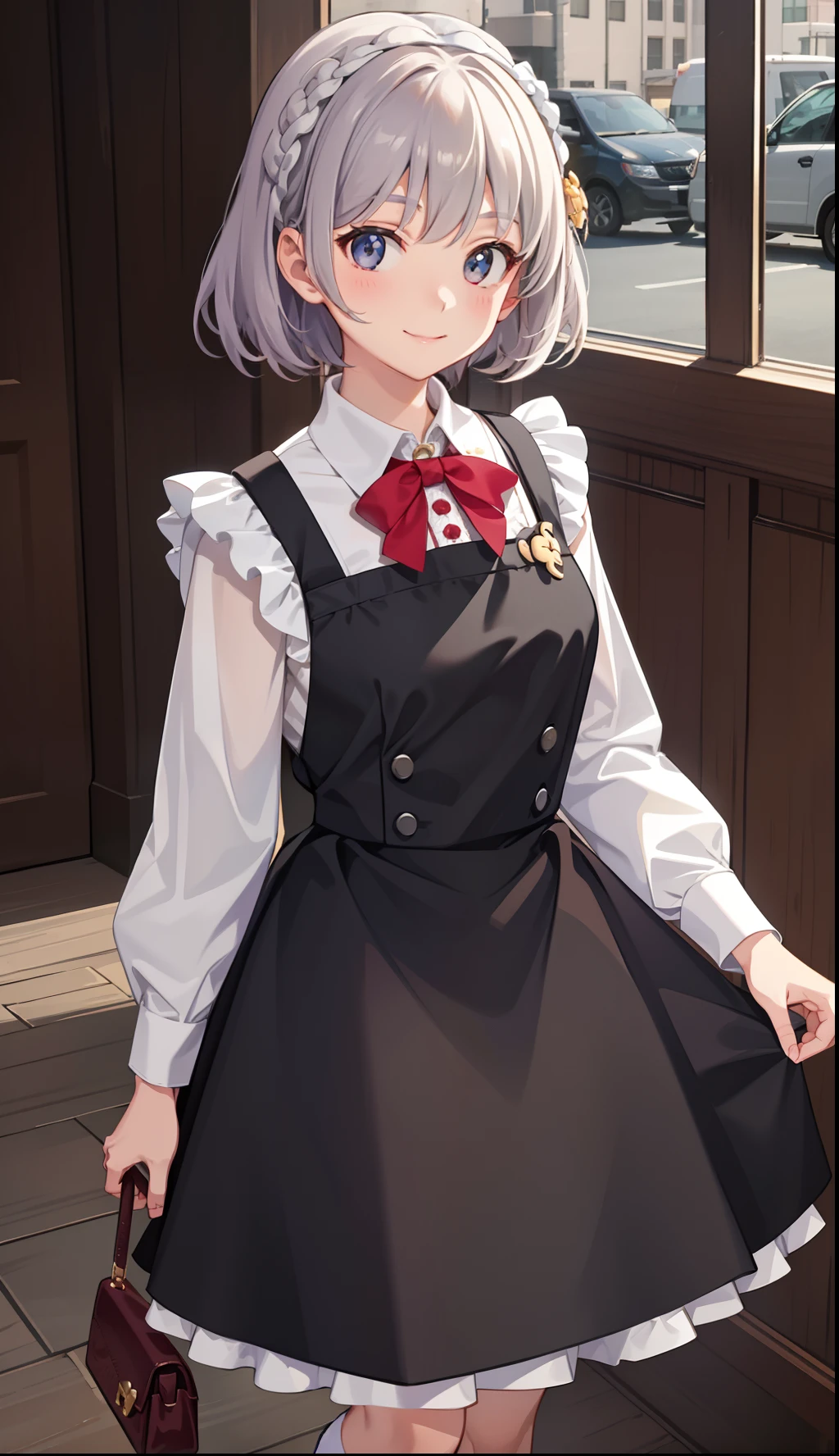 1girl in、A smile、A delightful!　The shirt、skirt by the、（small tits）pinafore、doress、hair adornments、Maids、