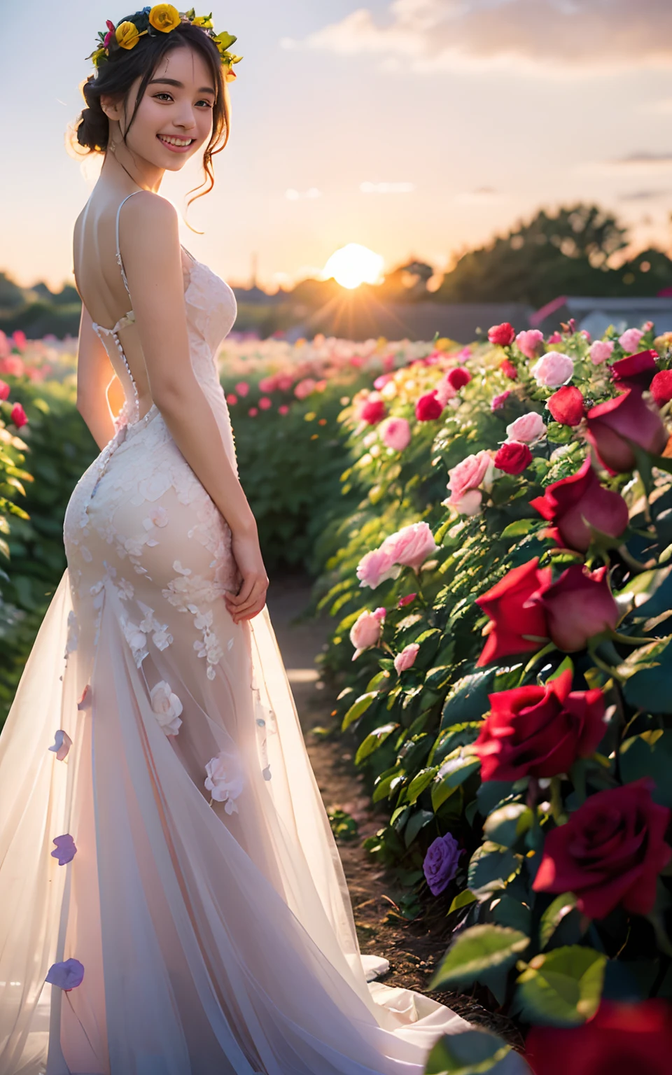 ((((Depth of field))),((((Sunset backlit),((Slim body)))),20 years old, twilight rays, lace wedding dress, flower crown, (((Rose tunnel))), rose front blur, bokeh, photorealistic, surrounded by colorful roses, ((smiling)))))), (mouth closed)))),(1 girl), ( Sunset:1.3), (8k, RAW photography, best quality, masterpiece:1.2), (realistic, photorealistic:1.37), best quality, ultra high resolution,(standing in a flower garden:1.3), (vivid and colorful:1.3)
