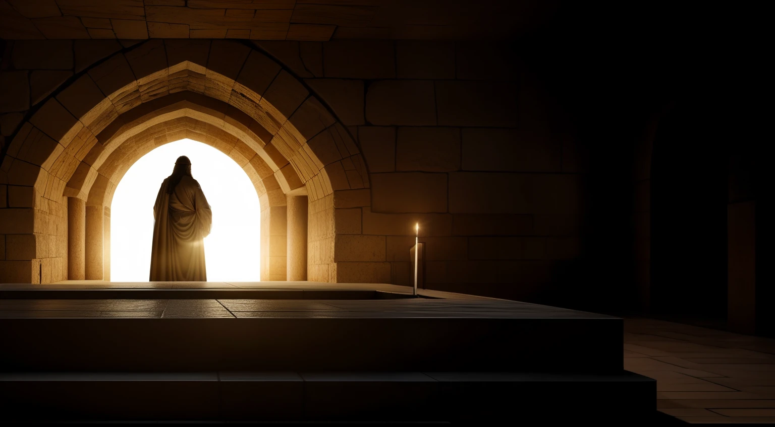 Jesus Calls Lazarus Out of the Grave: A dramatic scene in which Jesus is standing in front of the tomb of Lazarus, con la mano extendida, Calling him to life. The tomb is open, y la luz divina brilla desde el interior. La multitud observa con asombro. --ar 16:9 --v 5.1 --style raw --q 2 --s 750