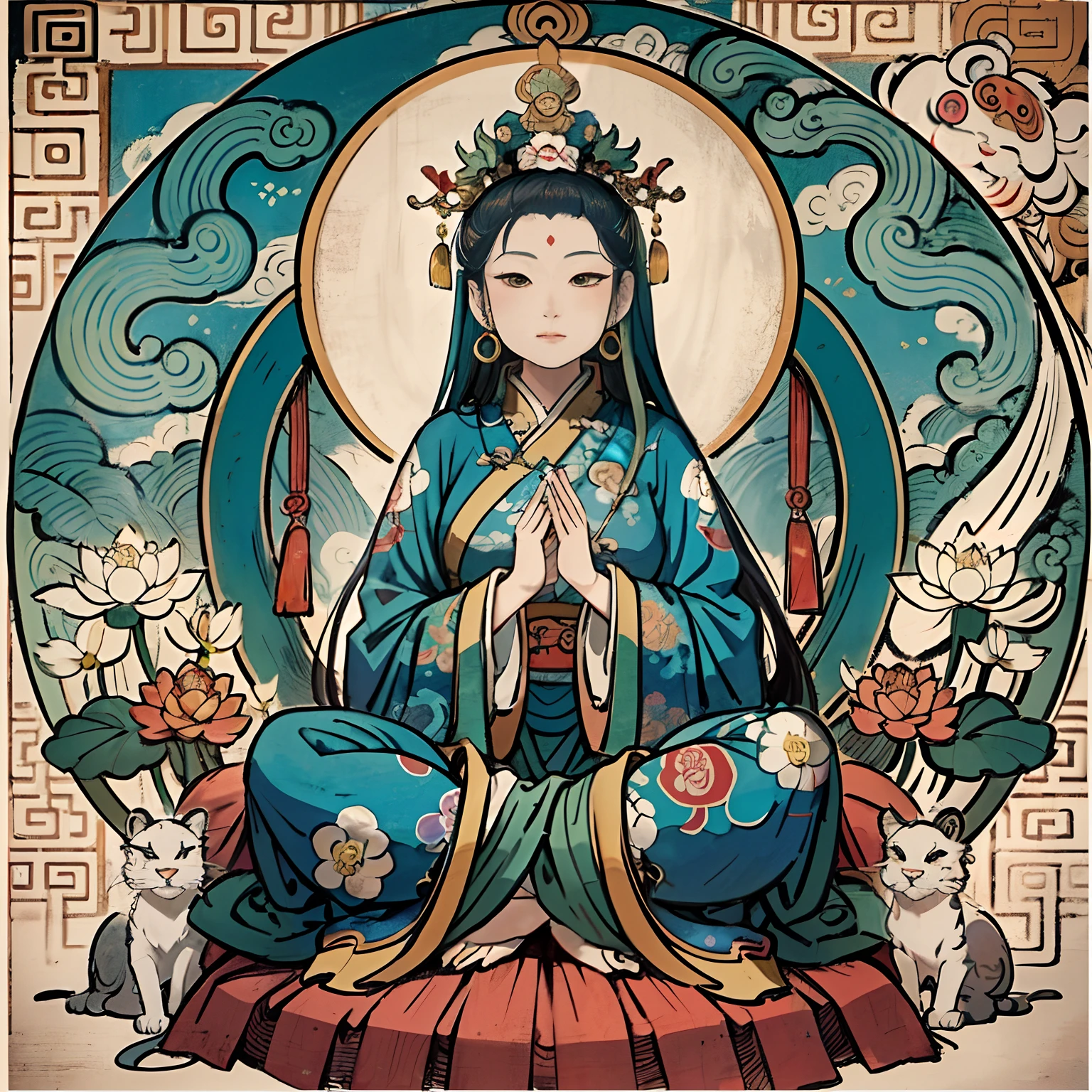 an ancient Chinese goddess, guanyin of the southern seas, Guanyin, Inspired by India, Avalokiteshvara Bodhisattva Lion,,Serene expression,shui mo hua,Buddha,Buddhist,Lotus,Chinese painting style,Thangka style