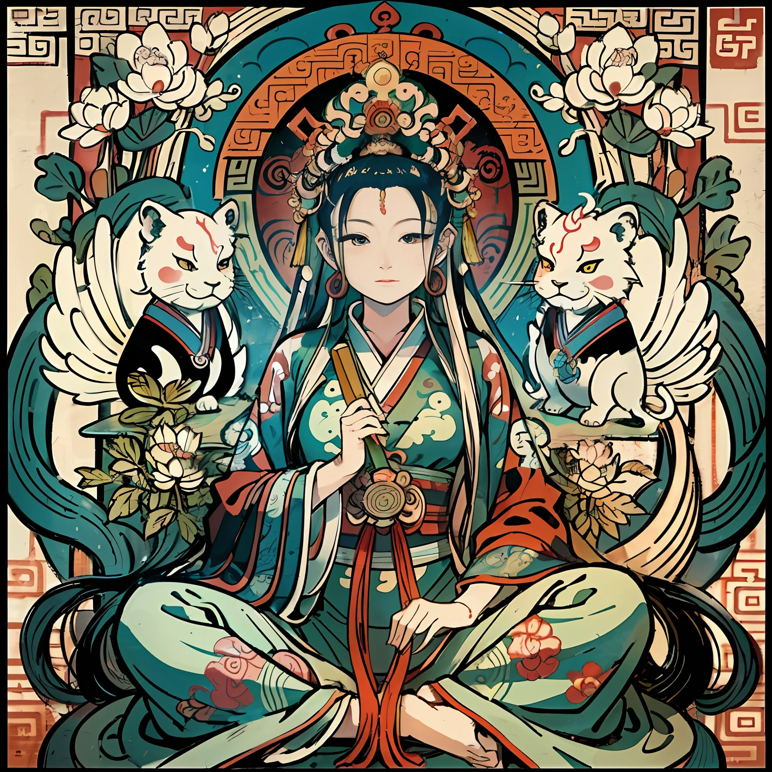 an ancient Chinese goddess, guanyin of the southern seas, Guanyin, Inspired by India, Avalokiteshvara Bodhisattva Lion，,Serene expression,shui mo hua,Buddha,Buddhist,Lotus,Chinese painting style,Thangka style