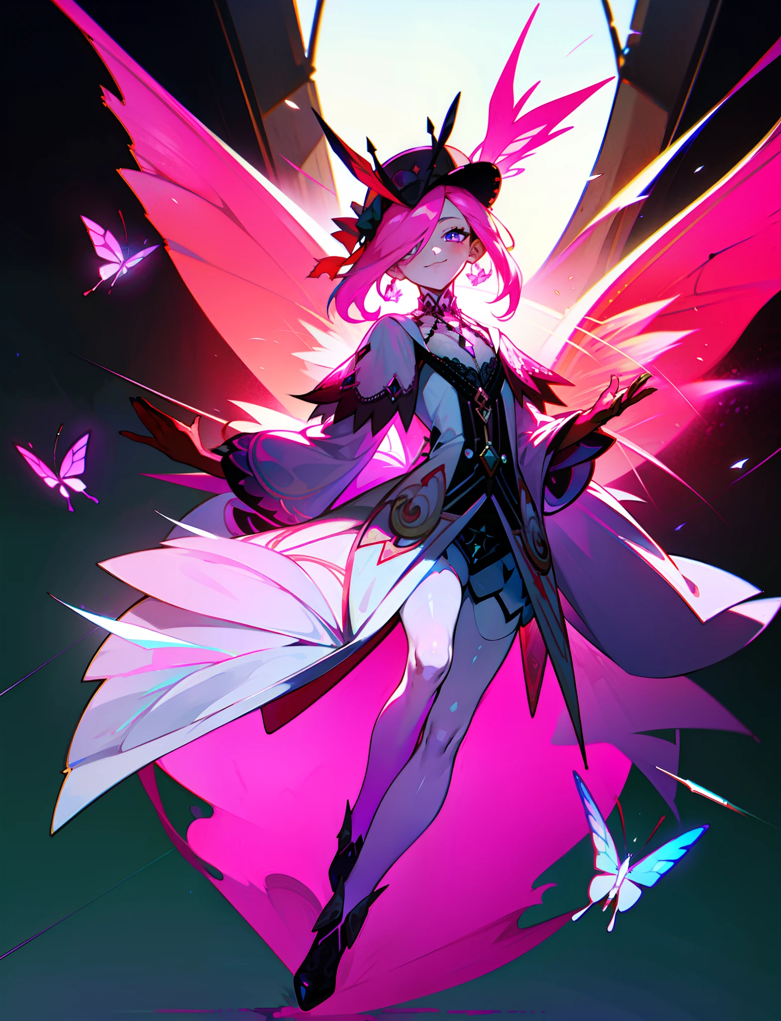 tmasterpiece,Best quality at best,offcial art,8k wallpaper,The is very detailed,illustratio,1girl pink hair, green eyes, smile((((Full body photo))))((((((It has both angelic and demon wings)))))) ((((((There are little tails of demons))))))(((( There is a blood-red halo on the head)))) Wearing white clothes Divine and evil Eyes glow Colorful gemstones floating around Backlit Dark background Colorful glow White lolita (Clothes with very intricate lace) The clothes have intricate patterns and decorations, wear a sun hat, and there are many flowers on the hat, and there are butterflies around the flowers, black butterflies and blue butterflies, white boots, white stockings, and gemstones on the skirt,There are also hats with gemstone pendants and necklaces ((Quite complicated clothes))((((((((Pink hair,greene eyes))))))))