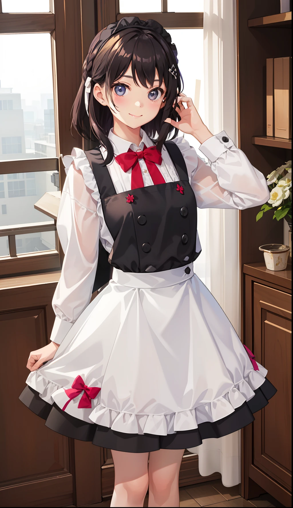 1girl in、A smile、A delightful!　The shirt、skirt by the、（small tits）pinafore、doress、hair adornments、Maids、