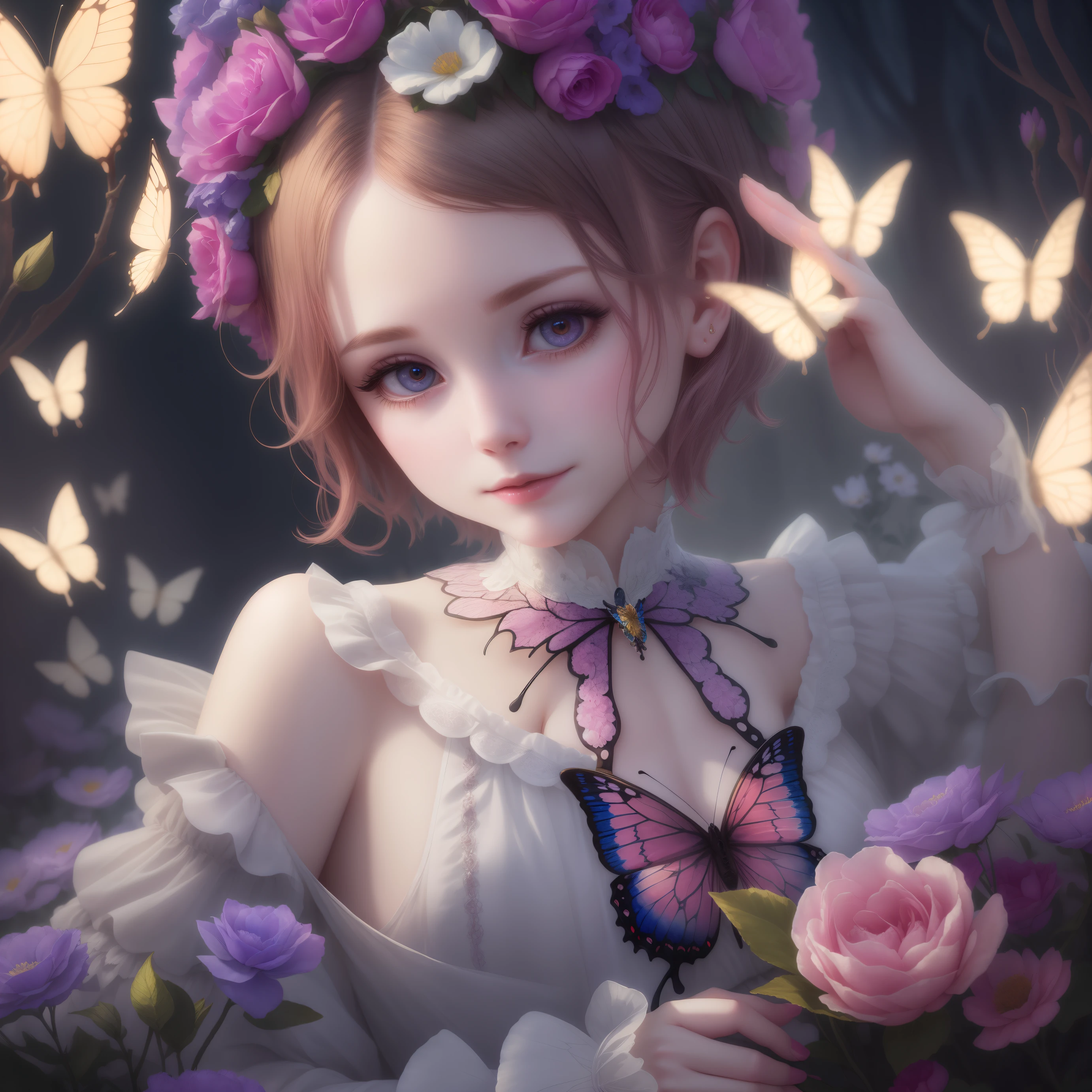A short hair girl in wonderland, intricate details, close up, faint smile, morph with fantasy space, ethereal spirit, flowers, dark room, cgi, dramatic lighting, butterfly, luminescent, bloom, highly detailed, micro details, perfect face