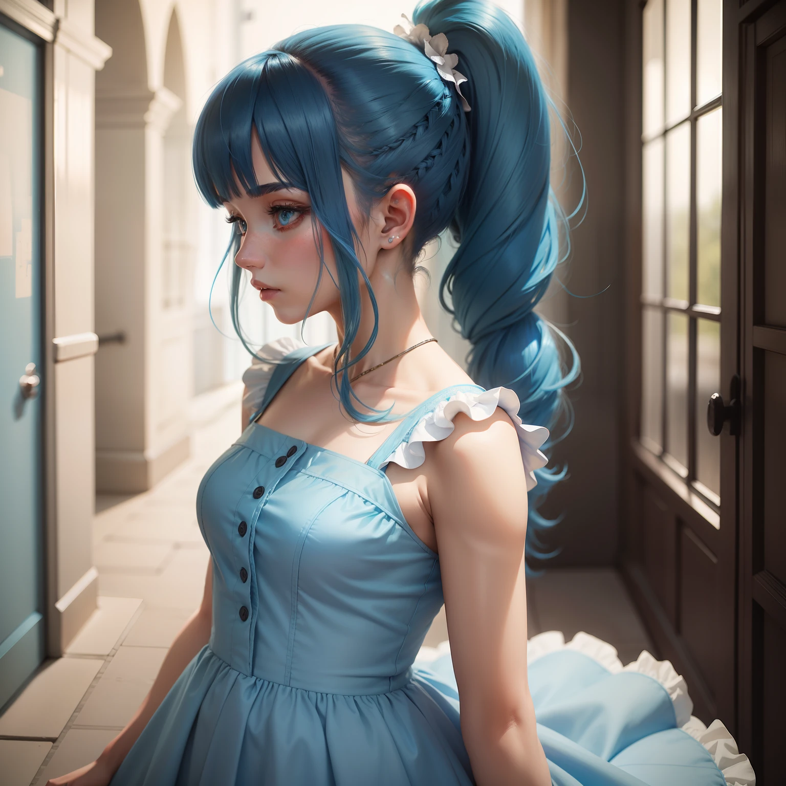 Blue-haired girl with high ponytail wearing a long powder blue dress