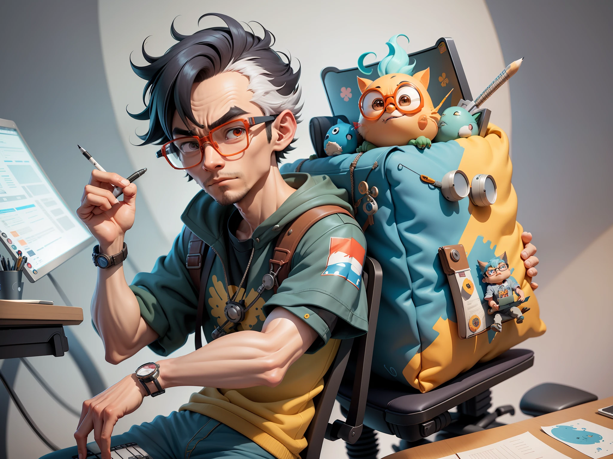 A young man with glasses sits at his desk,holding laptop,digitial painting,3D character design by Mark Clairen and Pixar and Hayao Miyazaki and Akira Toriyama,4K HD illustration,Very detailed facial features and cartoon-style visuals。