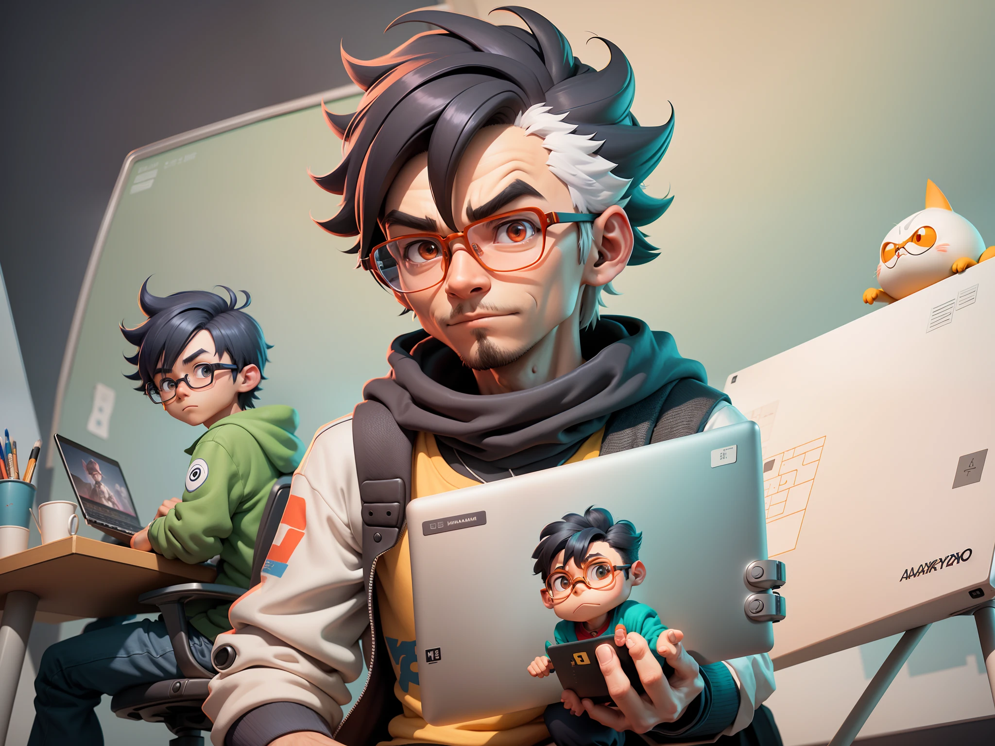 A young man with glasses sits at his desk,holding laptop,digitial painting,3D character design by Mark Clairen and Pixar and Hayao Miyazaki and Akira Toriyama,4K HD illustration,Very detailed facial features and cartoon-style visuals。