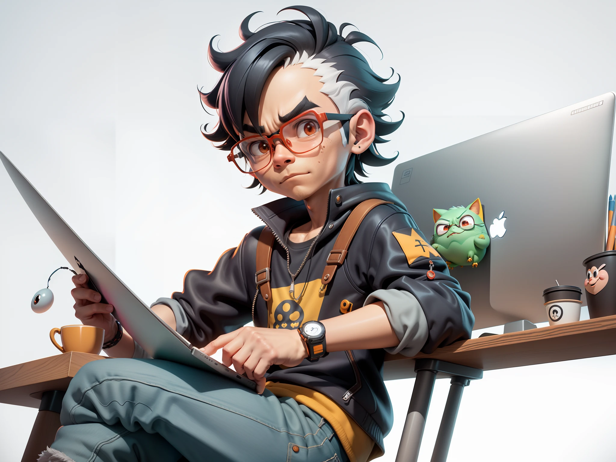 A young man with glasses sits at his desk,holding laptop,digitial painting,3D character design by Mark Clairen and Pixar and Hayao Miyazaki and Akira Toriyama,4K HD illustration,Very detailed facial features and cartoon-style visuals。