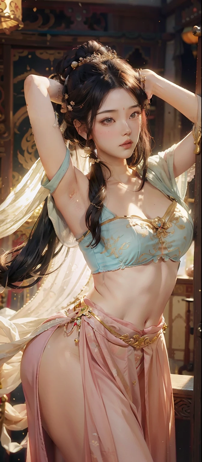 Dunhuang style, 1girle, (realisticlying,Photorealistic and realistic:1.3),(((dances))),Extremely delicate beautiful girl,Supple and fair skin,exquisite facial features,s the perfect face,light make-up,Peach blossom eye makeup,Sexy collarbone,Characterize hand details,Exquisitehands,Delicate lashes,Elaborate Eyes,cropped shoulders,Stunning beauty,extremy detailed,Realistic details,best qualtiy,highly detailed,tmasterpiece,bshoulders, nabel, The flying pipa girl,, Dance movements,One hand above your head,One hand reaches forward,Buddhist pose,whaite hair, Long hair, Intricate hair accessories,Chinese hairpins,Fluttering ribbons,Fairy flying in tulle,The scarf flutters,Bounce the lute,A palace within a palace,thicc, beautiful thick female, beautiful curvy female,, Tall and tall,clear curvy details, curvy hourglass figure, alluring plus sized model, bbwchan, Voluptious body, Curvy model, Curvy body, Angela White, she has a jiggly fat round belly,Mysterious laughter,Face the gaze