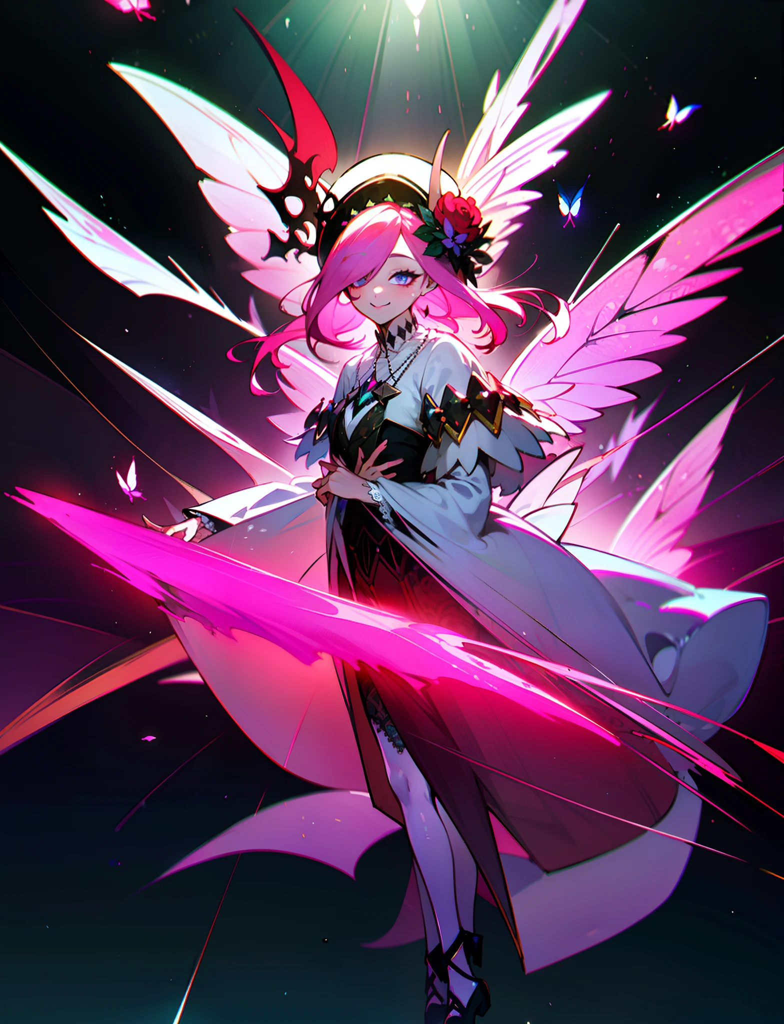 tmasterpiece，Best quality at best，offcial art，8k wallpaper，The is very detailed，illustratio，1girl pink hair, green eyes, smile（（（（Full body photo））））（（（（（（It has both angelic and demon wings）））））） （（（（（（There are little tails of demons））））））（（（（ There is a blood-red halo on the head）））） Dressed in white, sacred and evil, eyes will glow, colorful gemstones floating around, backlit, dark background, white lolita （Clothes with very intricate lace） The clothes have intricate patterns and decorations, wear a sun hat, and there are many flowers on the hat, and there are butterflies around the flowers, black butterflies and blue butterflies, white boots, white stockings, and gemstones on the skirt，There are also hats with gemstone pendants and necklaces （（Quite complicated clothes））（（（（（（（（Short pink hair，greene eyes））））））））