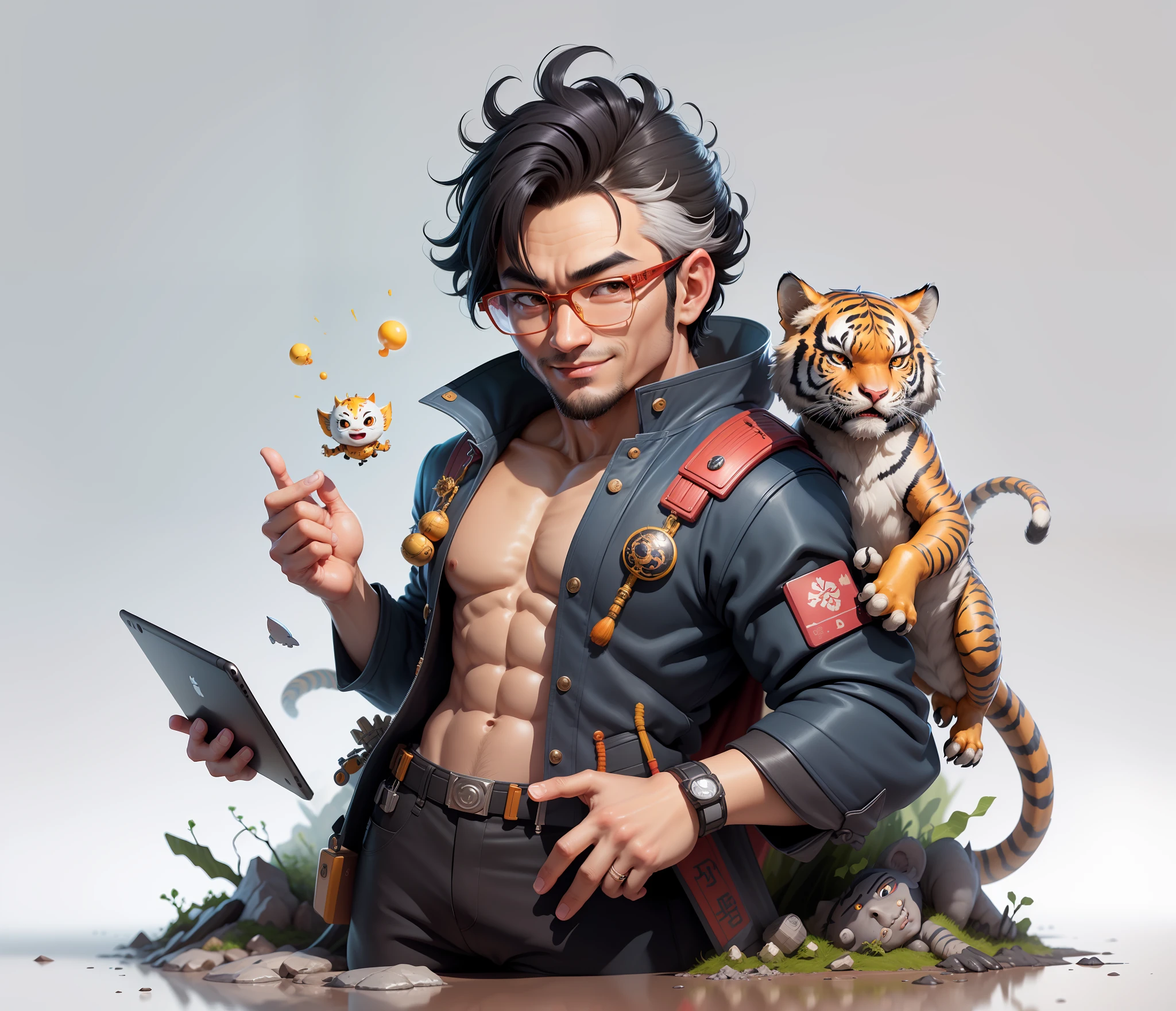 (Masterpiece), (Excellent), (Super Meticulous), (Full Body: 1.2), Super Young Man with Japanese Female Geisha, Pretty, Beautiful, Chinese Dragon, Tiger, Wind God Thor, Sexy, Bursting, Oriental Face, TV Anchor, Bust Portrait Illustration, Black Suit, Blue Tie, Slightly Chubby Face, Silver Glasses, Very Clean Face, No Beard on Chin, Black Super Short Hair, Black Eyes, Confident Smile, 3c Computer Sub-Products, iPad, iPhone, Digital Painting, 3D character design by Mark Clairedon and Pixar and Hayao Miyazaki and Akira Toriyama, the illustrations are HD illustrations in 4K resolution with highly detailed facial features and cartoon-style visuals.