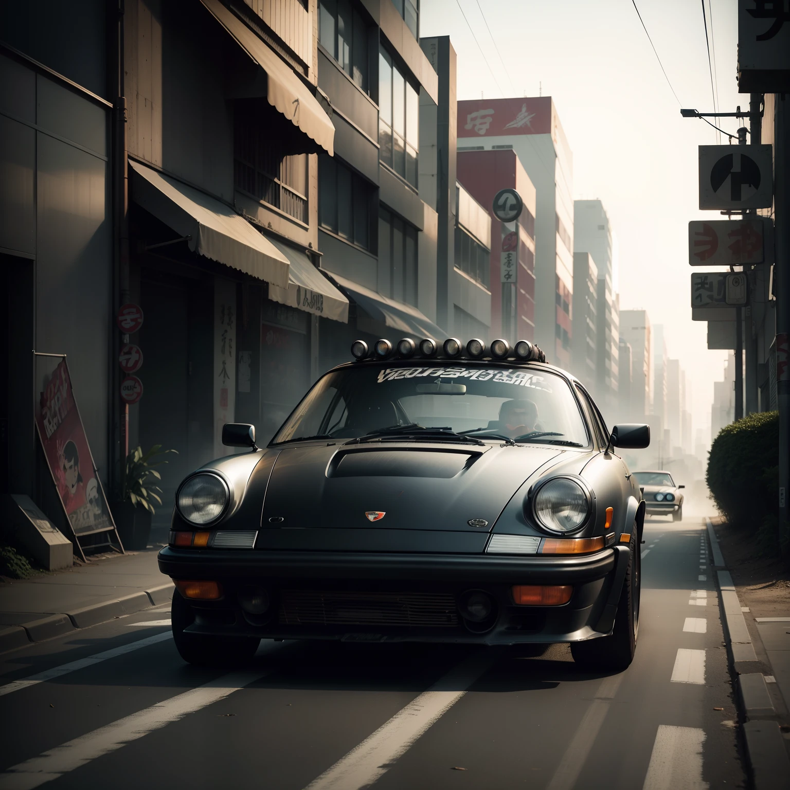 a Black punk car 90s driving down a street 80s, instagram highlights, set in post-apocalyptic tokyo, porsche classic, madmax theme, mix between tribal and hi-tech, watermarks removed, masterpiece, well lit, war, japanese style,vintage car headlight,fogged glass,Japanese stores with Japan lettering