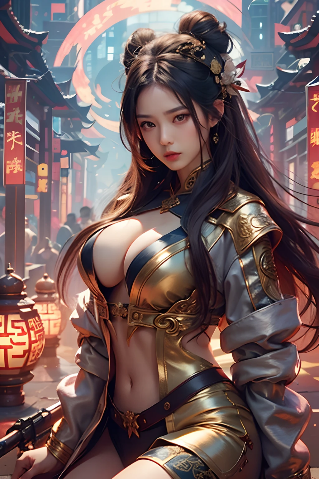 best qualtiy,tmasterpiece,超高分辨率,(realisticlying:1.4),xiuxian,arma,Detal Face,huge tit,1girll,独奏,arma,,(Magical Circle:1.2),xiuxian,The upper part of the body,a beauty girl,full bodyesbian,naked private parts,east asian architecture,jacket,buliding,