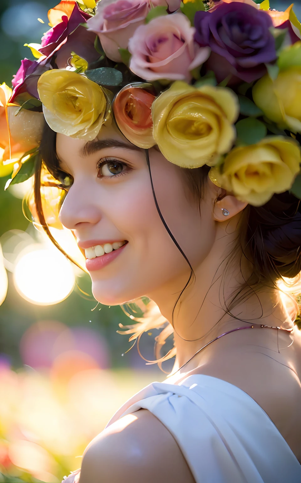 ((((Depth of field))),((((Sunset backlit),((Slim body)))),20 years old, twilight rays, lace wedding dress, flower crown, (((Rose tunnel))), rose front blur, bokeh, photorealistic, surrounded by colorful roses, ((smiling)))))), (mouth closed)))),(1 girl), ( Sunset:1.3), (8k, RAW photography, best quality, masterpiece:1.2), (realistic, photorealistic:1.37), best quality, ultra high resolution,(standing in a flower garden:1.3), (vivid and colorful:1.3)