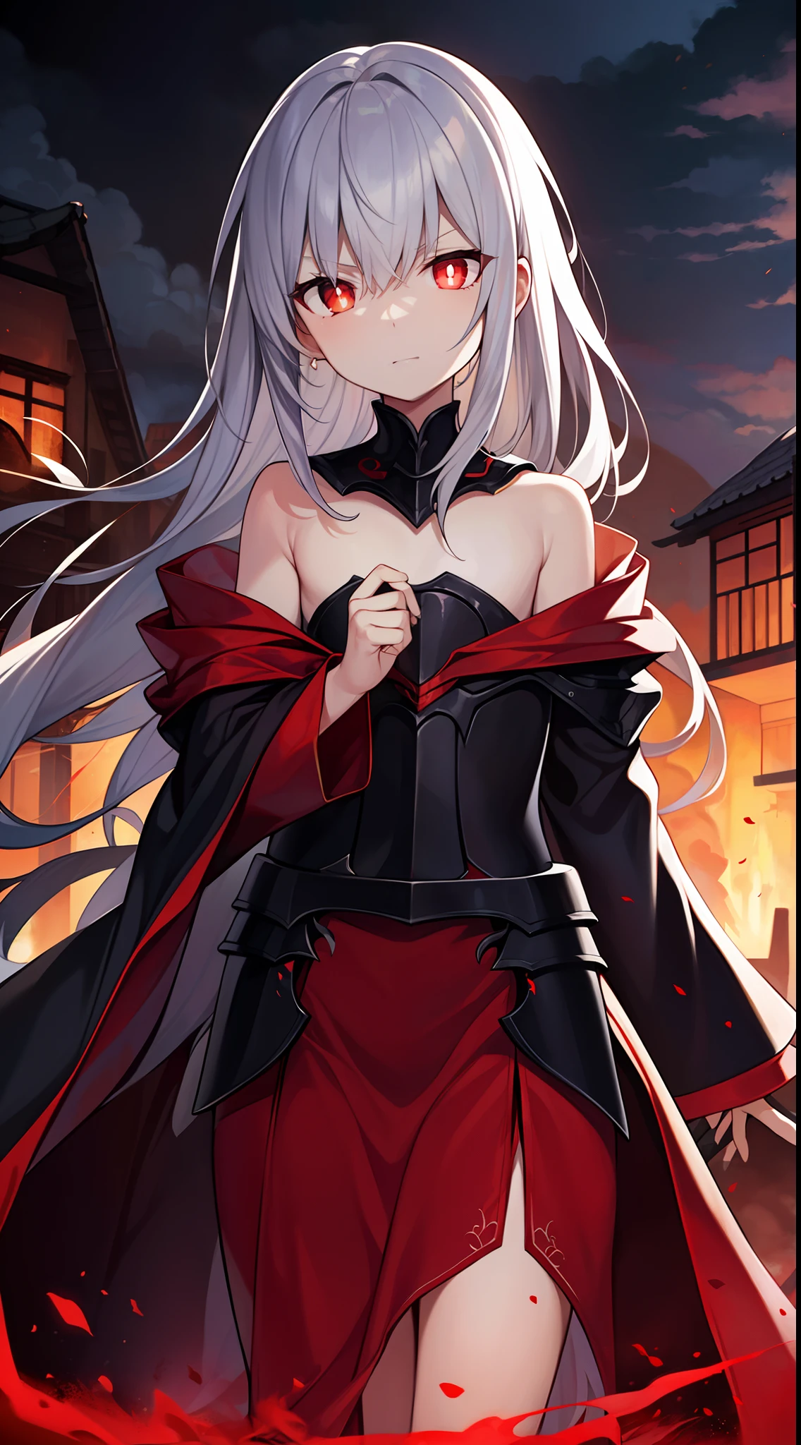 (Beautiful wallpapers) ,(evil theme),long white hair,red pupils,Loose black robes and armor,Disaster looms,Handsome,Flat chest,Close up,Red Storm,(A world shrouded in darkness),(Village background),The decline of the world,(Cover the whole body)