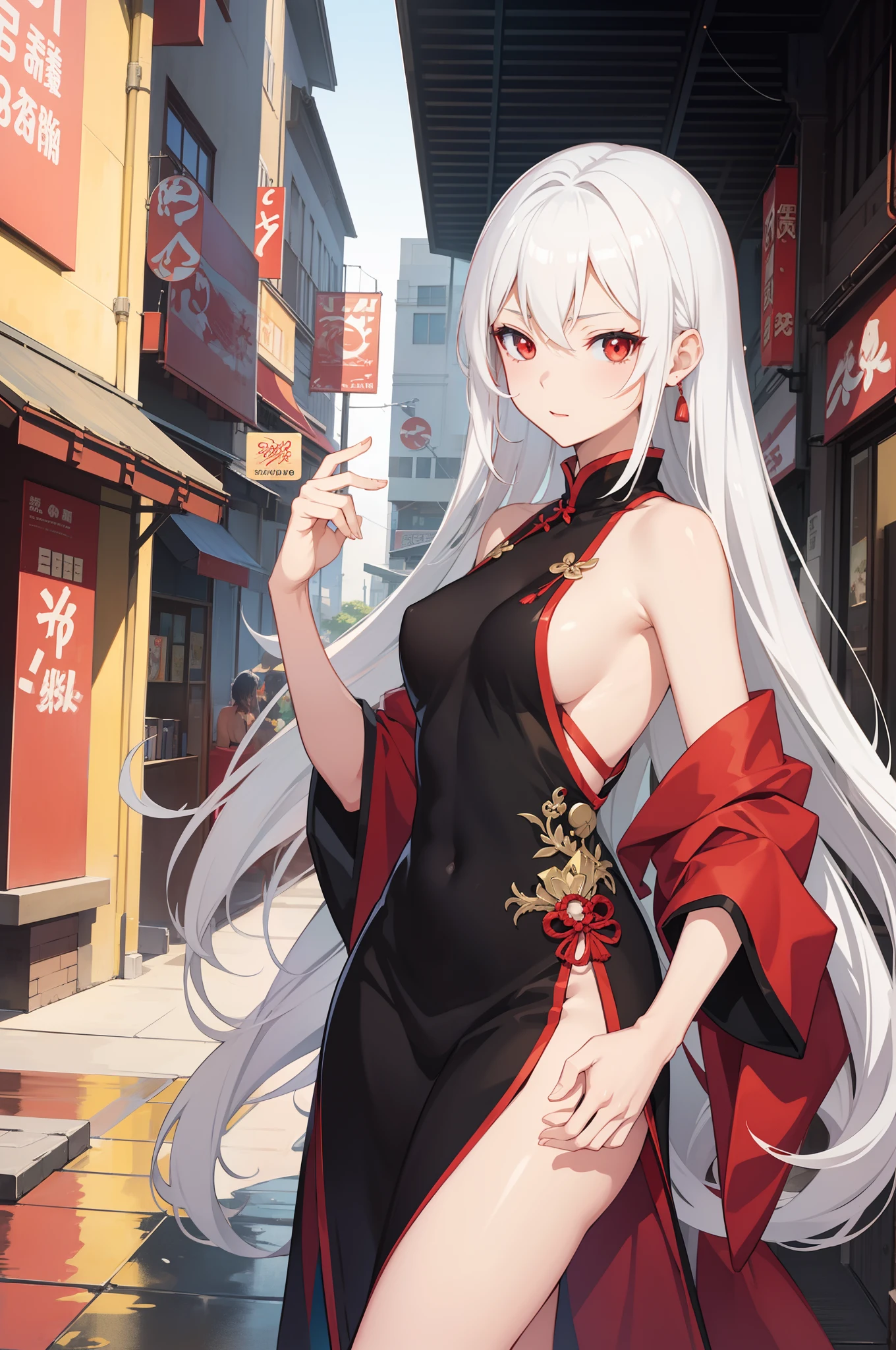 Seductive Anime Girl, High quality official artwork, sideboob barbosa, pixiv, Professional Anime Illustration, White hair, Red Eyes, red qipao,