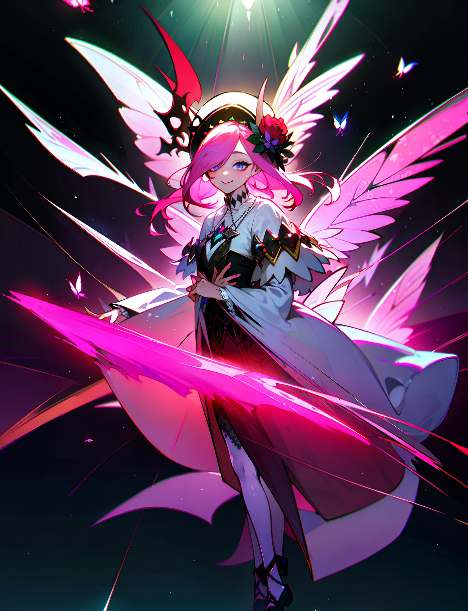 tmasterpiece,Best quality at best,offcial art,8k wallpaper,The is very detailed,illustratio,1girl pink hair, green eyes, smile((((Full body photo))))((((((It has both angelic and demon wings)))))) ((((((There are little tails of demons))))))(((( There is a blood-red halo on the head)))) Dressed in white, sacred and evil, eyes will glow, colorful gemstones floating around, backlit, dark background, white ta (Clothes with very intricate lace) The clothes have intricate patterns and decorations, wear a sun hat, and there are many flowers on the hat, and there are butterflies around the flowers, black butterflies and blue butterflies, white boots, white stockings, and gemstones on the skirt,There are also hats with gemstone pendants and necklaces ((Quite complicated clothes))((((((((Short pink hair,greene eyes))))))))