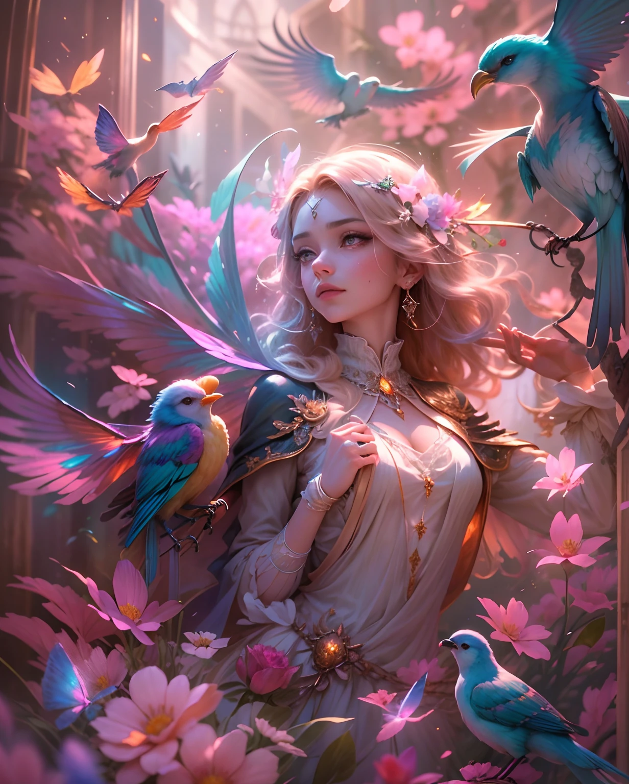 (((masterpiece))), (((best quality))), ((ultra-detailed)),(highly detailed CG illustration), ((an extremely delicate and beautiful)),cinematic light, Create a stunning fantasy artwork that mimics the style of currently trending masters of the genre. The art piece should contain elements of both mythic fantasy and fairytale fantasy with colorful accents. ((Utilize various shades of pink and watercolor pastels as the main color scheme.)) The character in the artwork is a delicate but strong petite figure with an aura of mystery and magic. Pay close attention to intricate facial features, such as mesmerizing eyes with vibrant colors and bold shading. The character's clothing should be designed with gossamer feathers, silk, stunning embroidery, and subtle iridescent details. Incorporate dreamy colors, dynamic lighting, and detailed background elements to create a sense of awe and immersion. Include colorful flying magical birds and jewel-toned butterflies radiating a magical aura. Consider the latest trends in fantasy art, such as incorporating unique lighting effects, exploring dynamic and compelling composition techniques, and experimenting with unique color palettes. Take inspiration from the top artists on ArtStation and Midjourney. Camera: Choose an angle that highlights the character's beauty and enhances the magical majesty of the artwork. Lighting: Utilize atmospheric lighting techniques to create depth and mood. Resolution: Aim for a high-resolution artwork to showcase intricate details and clarity. Art Inspirations: Seek inspiration from the trending artists on ArtStation, exploring different styles, genres, and themes.