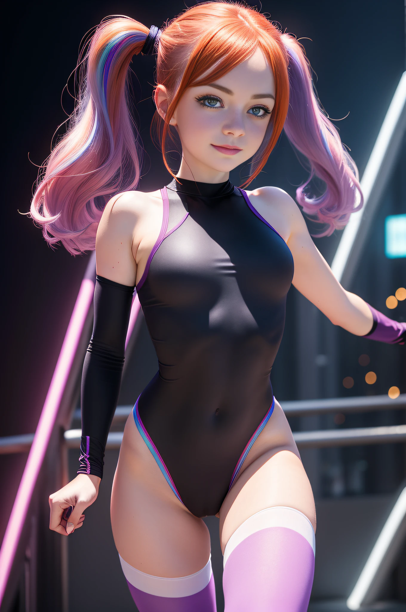 1 girl, solo, (cute 16-year-old redhead EmmaStone in twin tails), Ukrainian, multiple (luminous rainbow colored hair: 1.2), ((perfect body: 1.6)) (beautiful detailed eyes: 1.6), (photo realistic eyes: 1.6), (ice-blue, "Emma Stone" type, eyes: 1.6), happy and smiling, (petite gymnast body), ((gymnast body, beautiful full round breasts, small head, dainty hands: 1.6)), (shy cute pose), (pale white skin), (camel toe), ((see through pastel purple cotton leotard: 1.6)), with (smooth pantyhose leotard: 1.6), (dark, tron style background), high tech, (wide angle lens), colorful neon lighting, ((very dark sky)), futuristic city, photo realistic, hyper detailed.