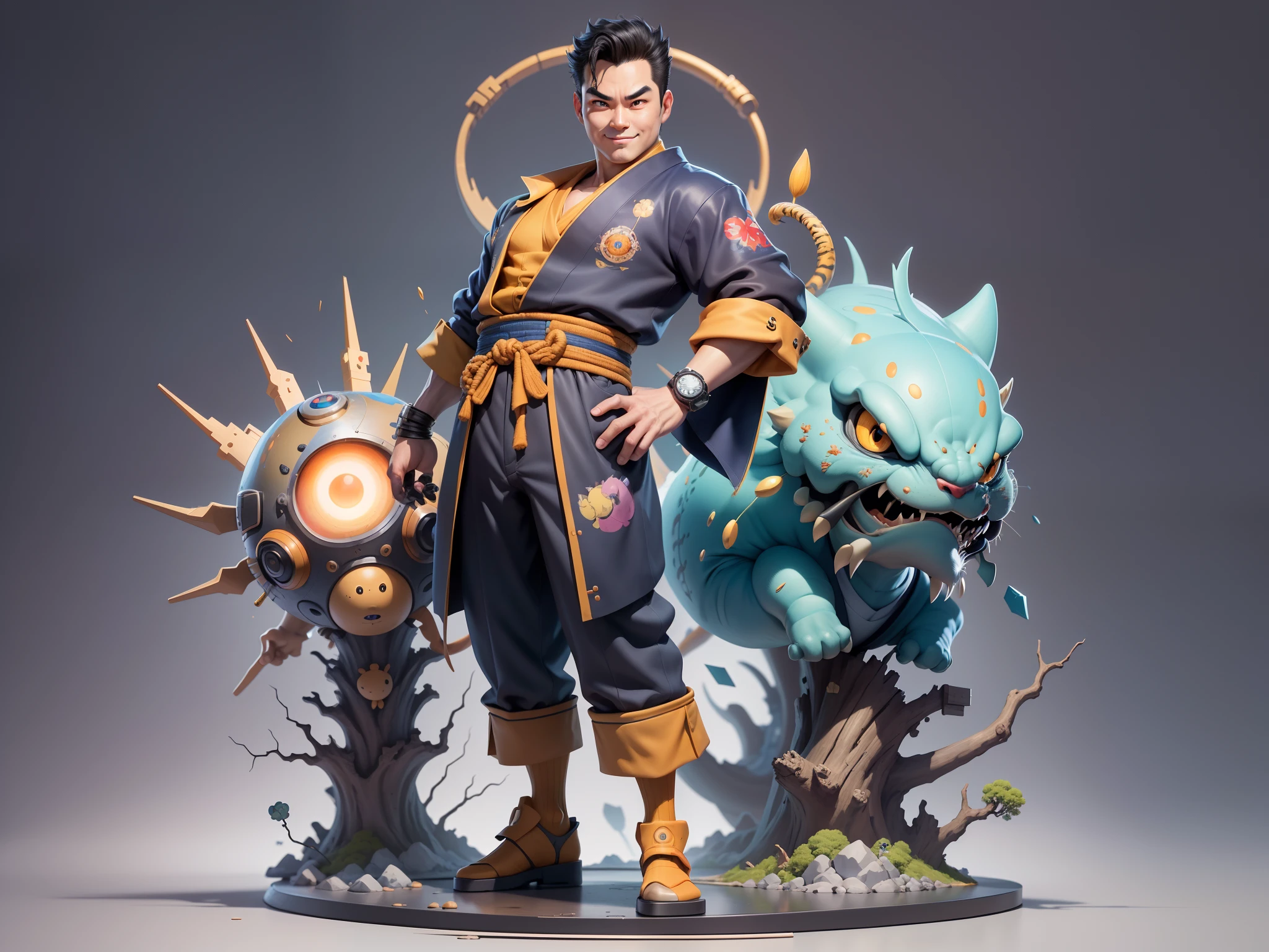 (Masterpiece), (Excellent), (Super Meticulous), (Full Body: 1.2), Super Young Man, Oriental Face, Japanese Kimono, Japanese Wind Thunder God, Dragon, Tiger, TV Anchor, Bust Portrait Illustration, Alone, Black Suit, Blue Tie, Slightly Chubby Face, Very Clean Face, No Beard, Black Super Short Hair, Black Eyes, Confident Smile, 3c Computer Sub-Products, iPad, iPhone, Digital Painting, 3D Character Design by Akira Toriyama and Mark Claireden and Pixar and Hayao Miyazaki, The illustration is a high-definition illustration in 4K resolution with very detailed facial features and cartoon-style visuals.