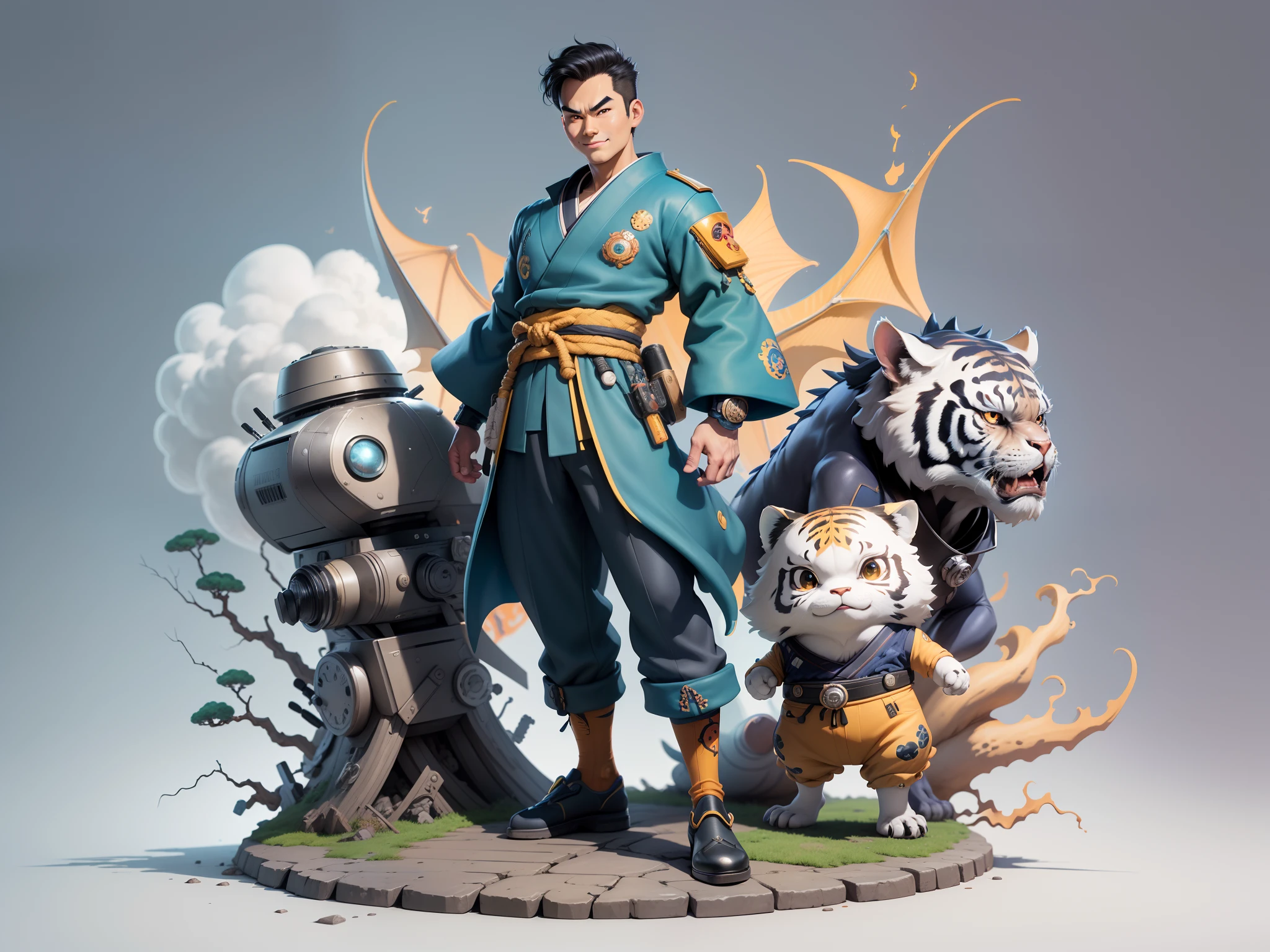 (Masterpiece), (Excellent), (Super Meticulous), (Full Body: 1.2), Super Young Man, Oriental Face, Japanese Kimono, Japanese Wind Thunder God, Dragon, Tiger, TV Anchor, Bust Portrait Illustration, Alone, Black Suit, Blue Tie, Slightly Chubby Face, Very Clean Face, No Beard, Black Super Short Hair, Black Eyes, Confident Smile, 3c Computer Sub-Products, iPad, iPhone, Digital Painting, 3D Character Design by Akira Toriyama and Mark Claireden and Pixar and Hayao Miyazaki, The illustration is a high-definition illustration in 4K resolution with very detailed facial features and cartoon-style visuals.