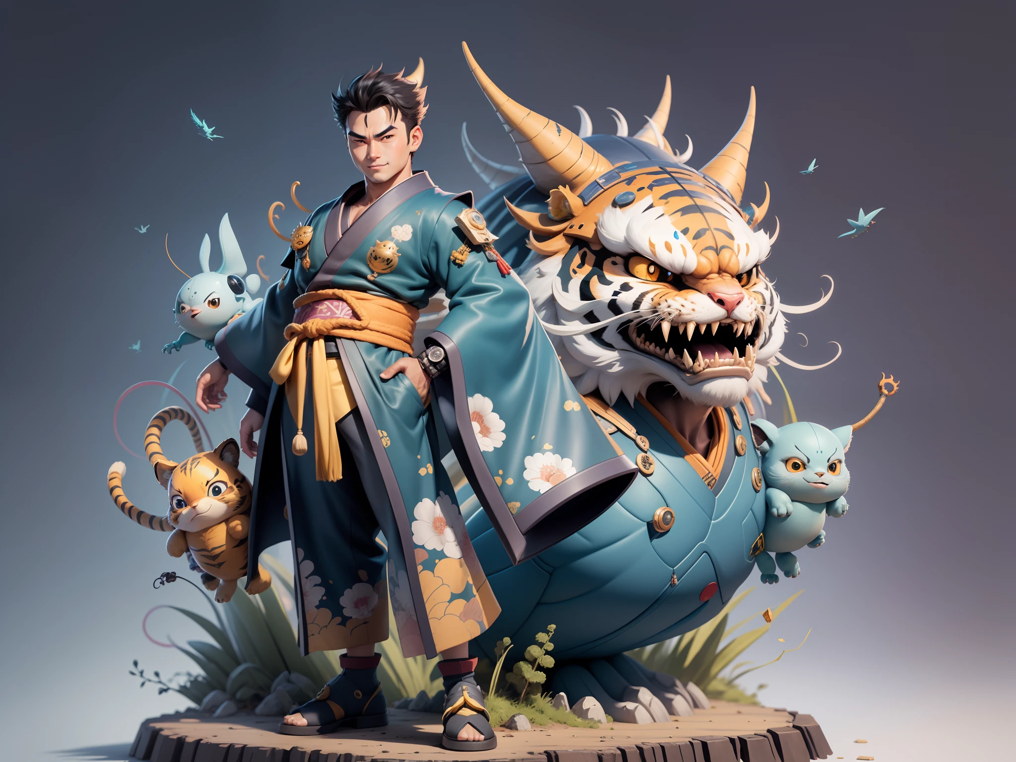(Masterpiece), (Excellent), (Super Meticulous), (Full Body: 1.2), Super Young Man, Oriental Face, Japanese Kimono, Japanese Wind Thunder God, Dragon, Tiger, TV Anchor, Bust Portrait Illustration, Alone, Black Suit, Blue Tie, Slightly Chubby Face, Very Clean Face, No Beard, Black Super Short Hair, Black Eyes, Confident Smile, 3c Computer Sub-Products, iPad, iPhone, Digital Painting, 3D Character Design by Akira Toriyama and Mark Claireden and Pixar and Hayao Miyazaki, The illustration is a high-definition illustration in 4K resolution with very detailed facial features and cartoon-style visuals.