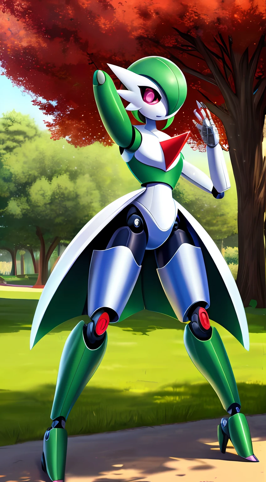 Gardevoir ,obra maestra,mejor calidad,beautiful style ,robot maquina,metalico,shiny skin,metallic, mechanical,pokemon,cute pose,black sclera, pink eyes, shiny skin,feral, femenine,park,robot face,nsfw,gallade