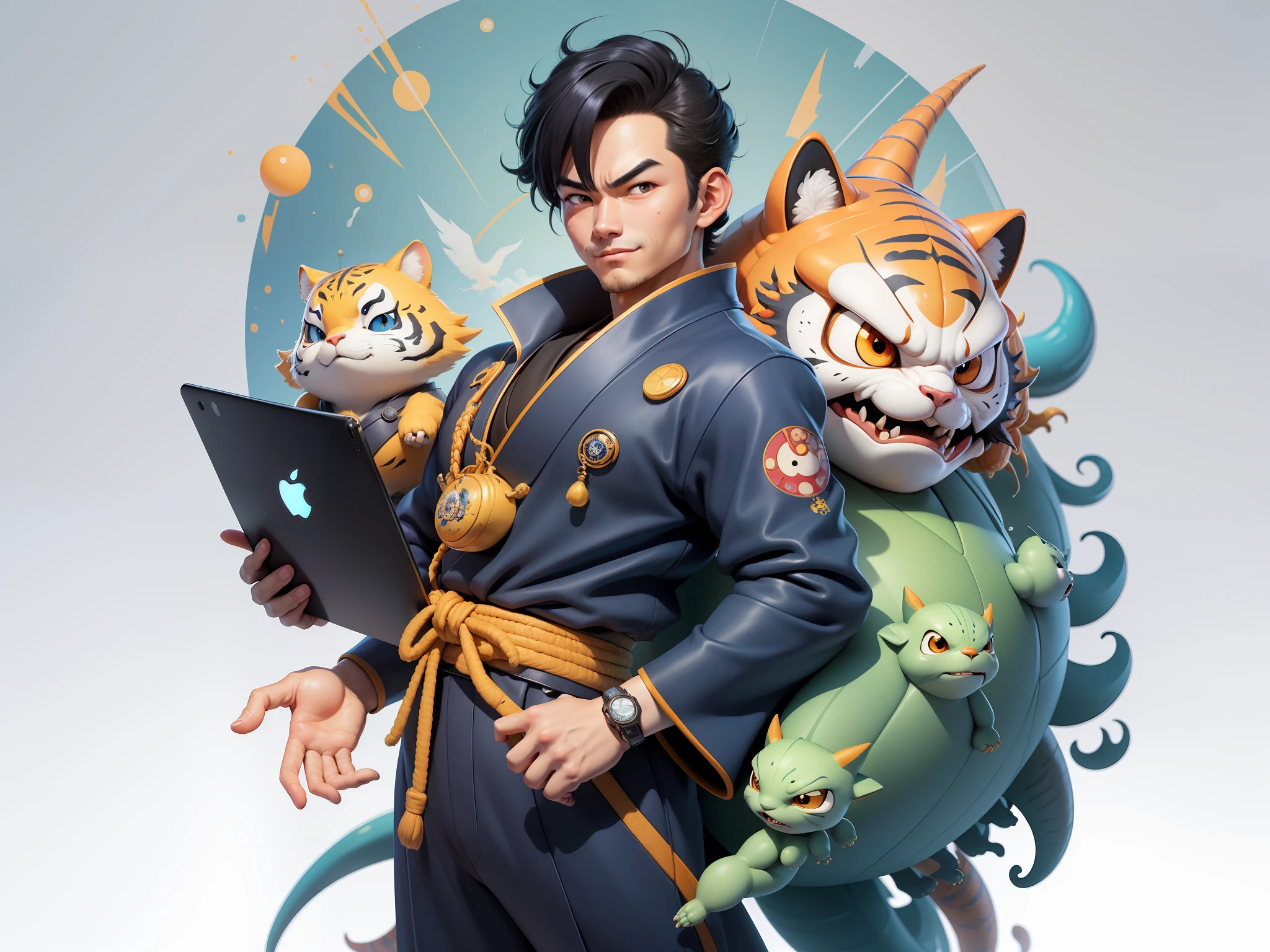 (Masterpiece), (Excellent), (Super Meticulous), (Full Body: 1.2), Super Young Man, Oriental Face, Japanese Kimono, Japanese Wind Thunder God, Dragon, Tiger, TV Anchor, Bust Portrait Illustration, Alone, Black Suit, Blue Tie, Slightly Chubby Face, Very Clean Face, No Beard, Black Super Short Hair, Black Eyes, Confident Smile, 3c Computer Sub-Products, iPad, iPhone, Digital Painting, 3D Character Design by Akira Toriyama and Mark Claireden and Pixar and Hayao Miyazaki, The illustration is a high-definition illustration in 4K resolution with very detailed facial features and cartoon-style visuals.