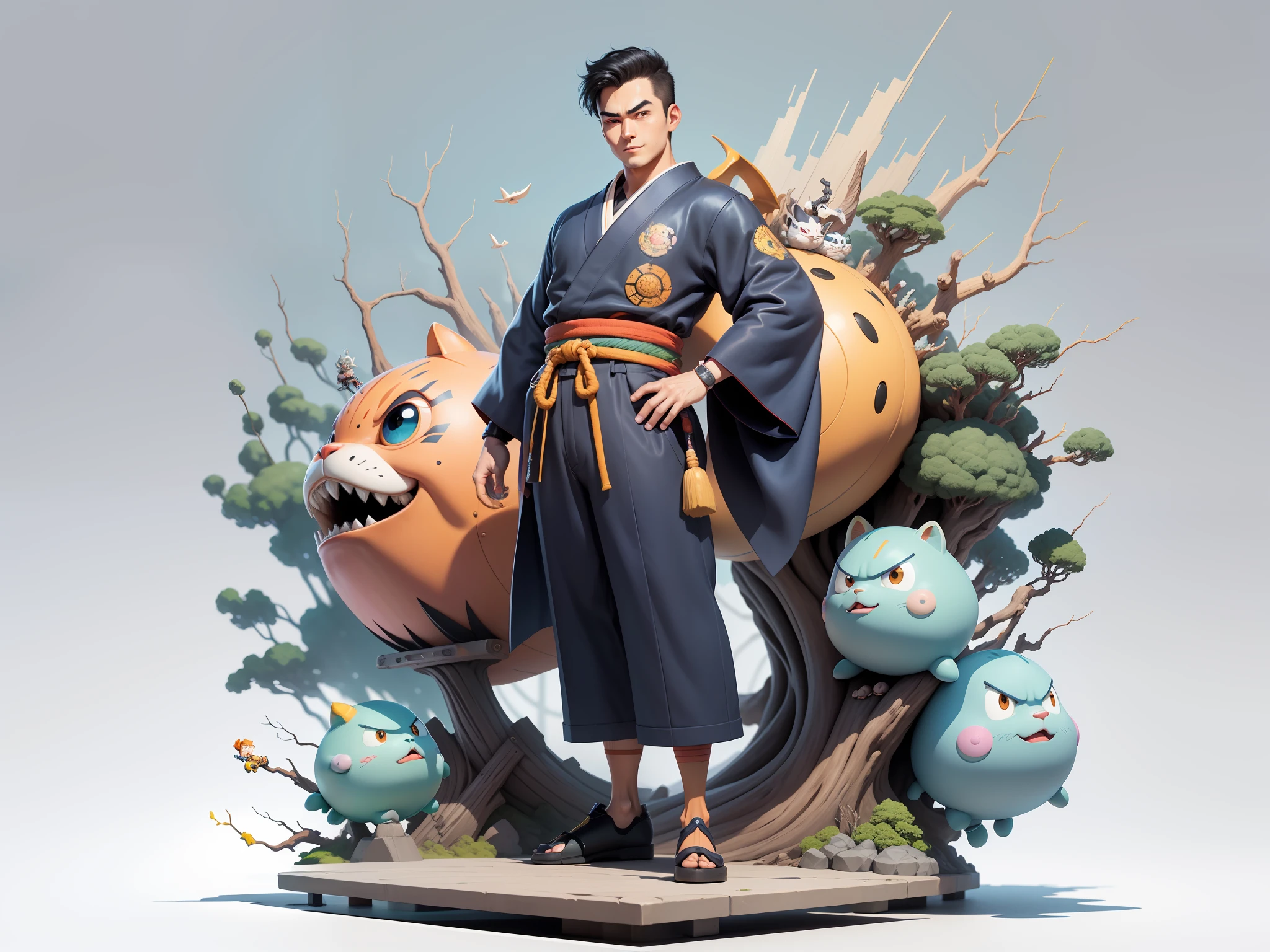 (Masterpiece), (Excellent), (Super Meticulous), (Full Body: 1.2), Super Young Man, Oriental Face, Japanese Kimono, Japanese Wind Thunder God, Dragon, Tiger, TV Anchor, Bust Portrait Illustration, Alone, Black Suit, Blue Tie, Slightly Chubby Face, Very Clean Face, No Beard, Black Super Short Hair, Black Eyes, Confident Smile, 3c Computer Sub-Products, iPad, iPhone, Digital Painting, 3D Character Design by Akira Toriyama and Mark Claireden and Pixar and Hayao Miyazaki, The illustration is a high-definition illustration in 4K resolution with very detailed facial features and cartoon-style visuals.