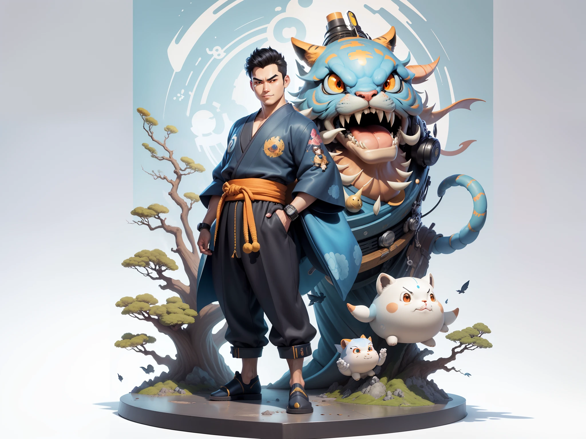 (Masterpiece), (Excellent), (Super Meticulous), (Full Body: 1.2), Super Young Man, Oriental Face, Japanese Kimono, Japanese Wind Thunder God, Dragon, Tiger, TV Anchor, Bust Portrait Illustration, Alone, Black Suit, Blue Tie, Slightly Chubby Face, Very Clean Face, No Beard, Black Super Short Hair, Black Eyes, Confident Smile, 3c Computer Sub-Products, iPad, iPhone, Digital Painting, 3D Character Design by Akira Toriyama and Mark Claireden and Pixar and Hayao Miyazaki, The illustration is a high-definition illustration in 4K resolution with very detailed facial features and cartoon-style visuals.