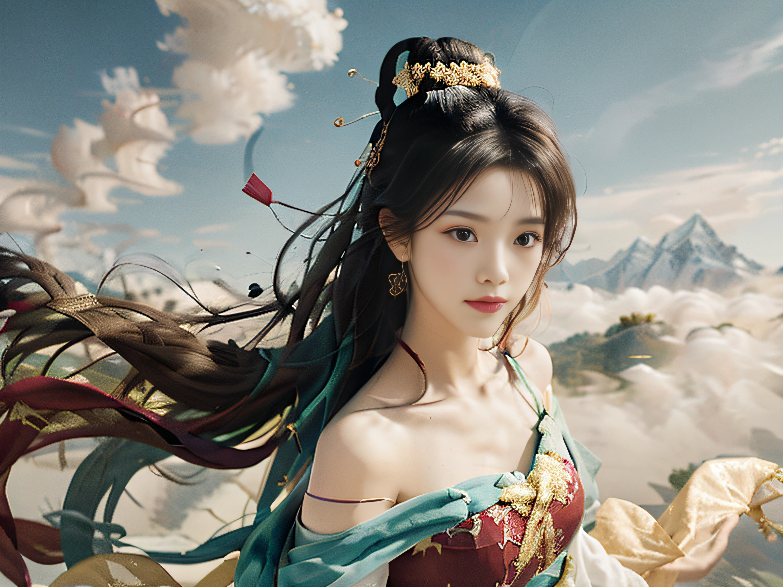 Masterpiece, Surrealist, 32k, very detailed CG unified 8k wallpaper, best quality, realistic, 1 girl, (white robe), in a charming scene, rich background, Swiss Alps, Switzerland, (Haruhi)), very detailed, delicate beautiful face, big eyes looking at the audience, natural expression, charming smile, dance, Dunhuang costume, Dunhuang style, arms, dancing with ribbons, colorful ribbons blowing in the wind, golden jewelry, dance postures, ancient Chinese hairstyles, flowing hair, streamers, flying in the air, light makeup, eye shadow, brow lines, (face), dynamics, petal flight, details, jewelry, earrings, bracelets, shoulders, intricate textures, chest, Guqin, wind pipe, a beautiful woman flying in the air, Soaring above the clouds, the wind gently lifted her robes, emphasizing the feeling of flight as they gracefully flew across the ethereal cloud scene