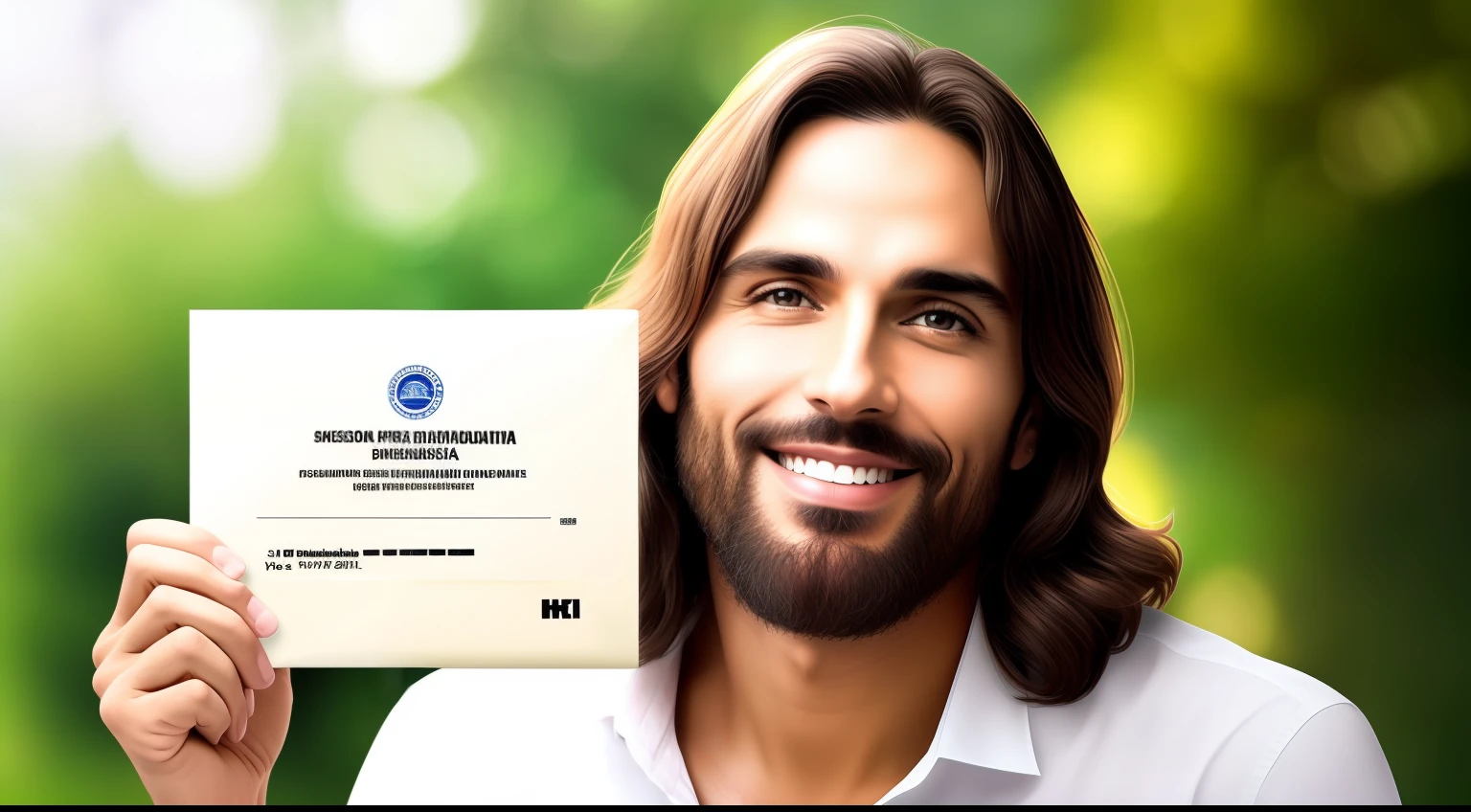 Jesus Christ with an envelope in his hand, melhor qualidade, Foto premiada, 8k, detalhada, ambiente melhor qualidade, envelope com bordas douradas