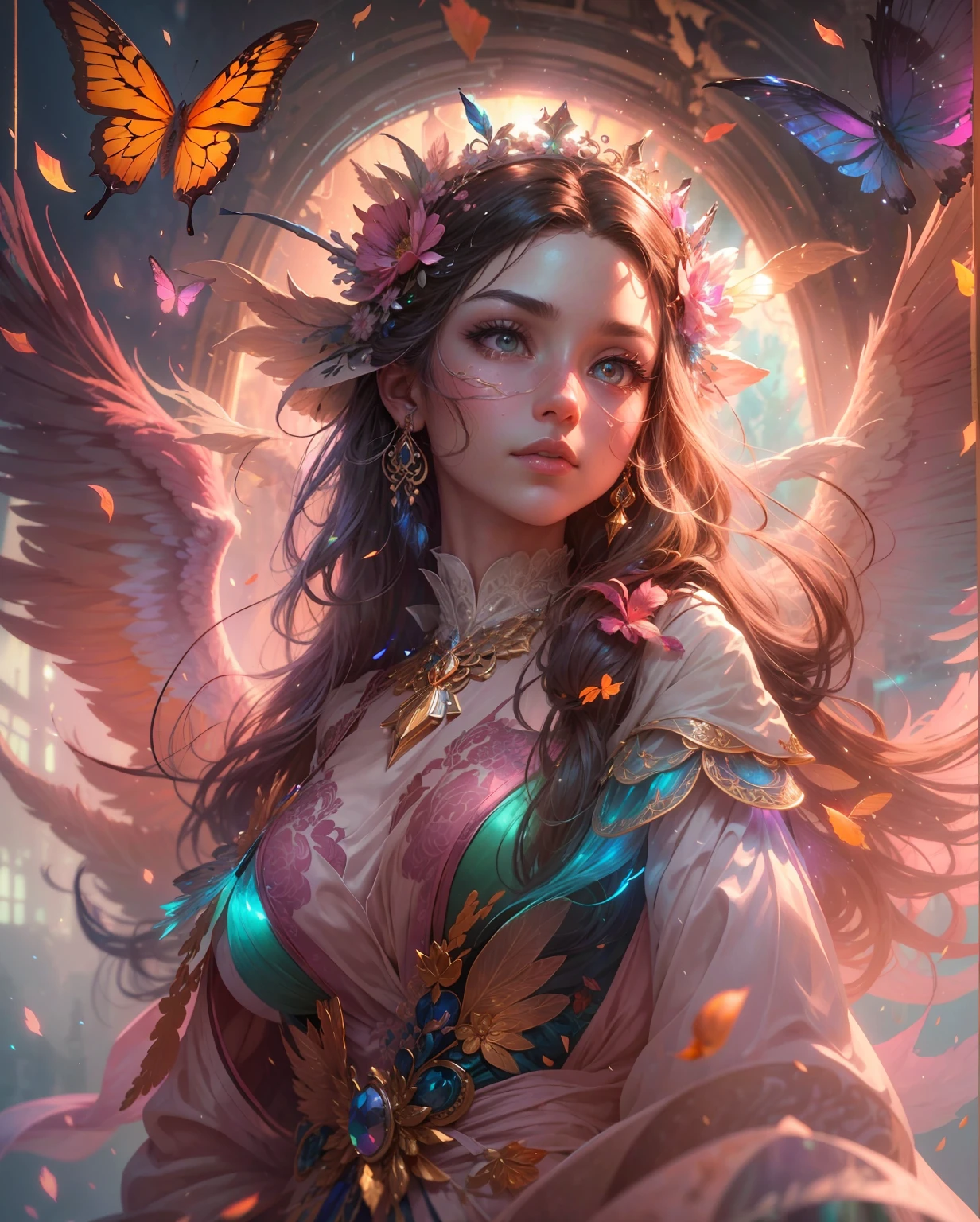 (((masterpiece))), (((best quality))), ((ultra-detailed)),(highly detailed CG illustration), ((an extremely delicate and beautiful)),cinematic light, Create a stunning fantasy artwork that mimics the style of currently trending masters of the genre. The art piece should contain elements of both mythic fantasy and fairytale fantasy with colorful accents. ((Utilize various shades of pink and watercolor pastels as the main color scheme.)) The character in the artwork is a delicate but strong petite figure with an aura of mystery and magic. Pay close attention to intricate facial features, such as mesmerizing eyes with vibrant colors and bold shading. The character's clothing should be designed with gossamer feathers, silk, stunning embroidery, and subtle iridescent details. Incorporate dreamy colors, dynamic lighting, and detailed background elements to create a sense of awe and immersion. Include colorful flying magical birds and jewel-toned butterflies radiating a magical aura. Consider the latest trends in fantasy art, such as incorporating unique lighting effects, exploring dynamic and compelling composition techniques, and experimenting with unique color palettes. Take inspiration from the top artists on ArtStation and Midjourney. Camera: Choose an angle that highlights the character's beauty and enhances the magical majesty of the artwork. Lighting: Utilize atmospheric lighting techniques to create depth and mood. Resolution: Aim for a high-resolution artwork to showcase intricate details and clarity. Art Inspirations: Seek inspiration from the trending artists on ArtStation, exploring different styles, genres, and themes.