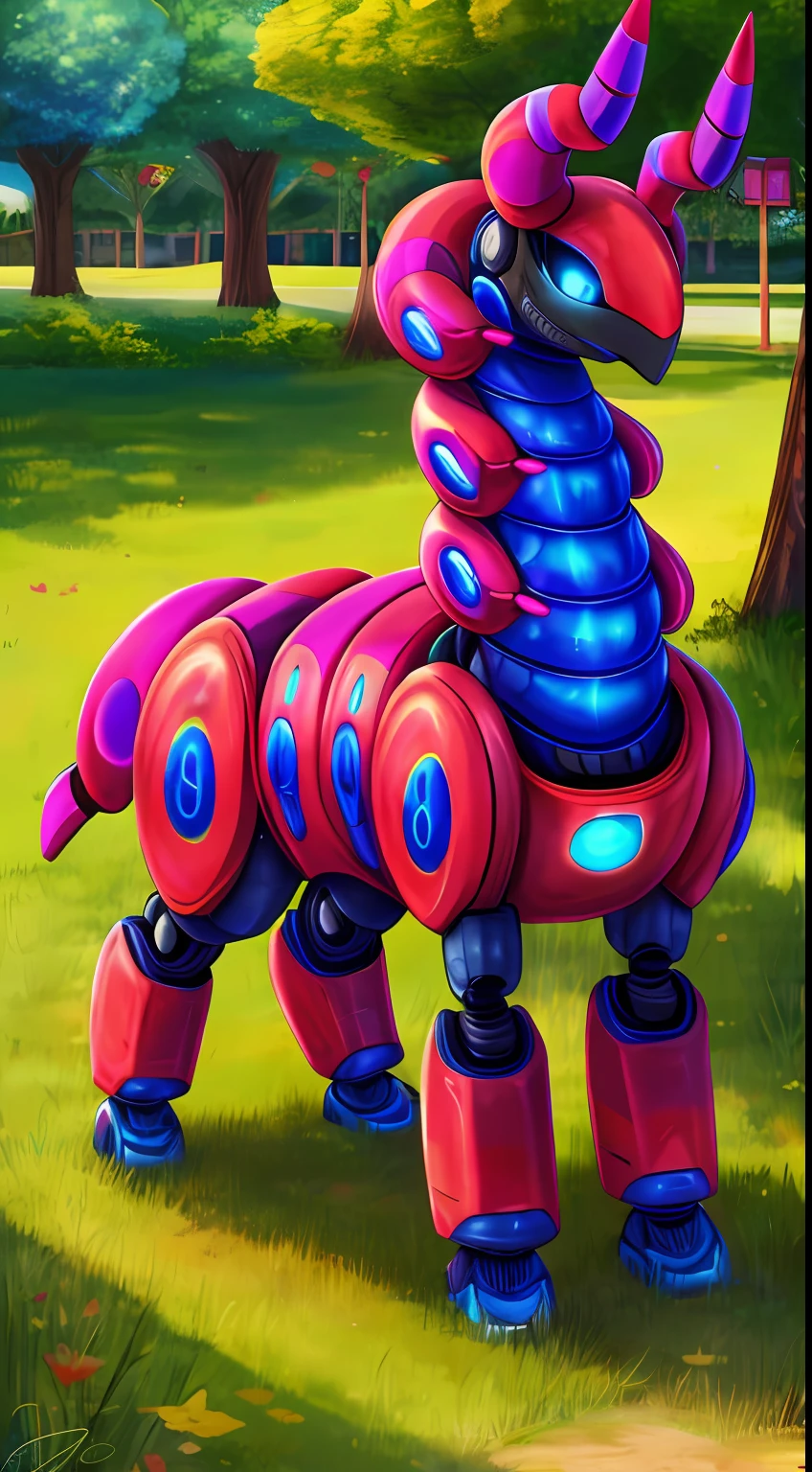 Scolipede ,obra maestra,mejor calidad,estilo de arte de dimwitdog ,robot maquina,metalico,shiny skin,metallic, mechanical,pokemon,dynamic pose,cheerful, smile,black sclera, blue eyes, shiny skin,feral, femenine,park,robot face,nsfw,black skin,multicolored skin,