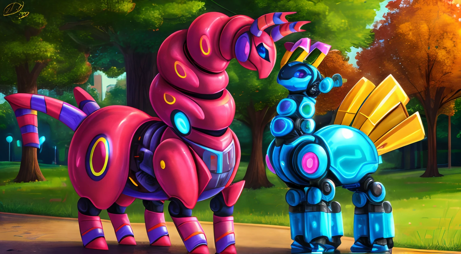 Scolipede ,obra maestra,mejor calidad,estilo de arte de dimwitdog ,robot maquina,metalico,shiny skin,metallic, mechanical,pokemon,cute pose,cheerful, smile,black sclera, blue eyes, shiny skin,feral, femenine,park,robot face,nsfw,