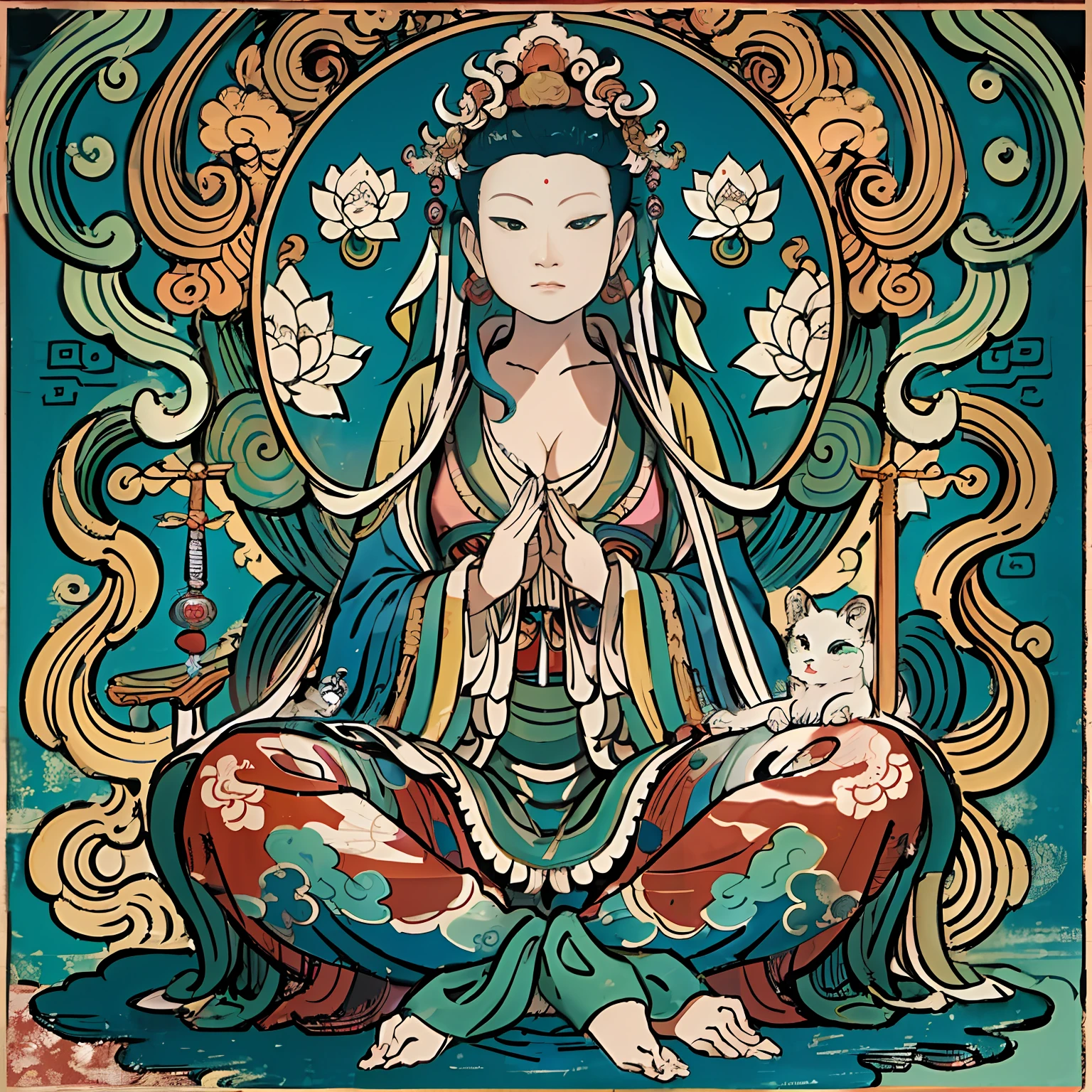 an ancient Chinese goddess, guanyin of the southern seas, Guanyin, Inspired by India, Avalokiteshvara Bodhisattva Lion,,Serene expression,shui mo hua,Buddha,Buddhist,Lotus,Chinese painting style,Thangka style