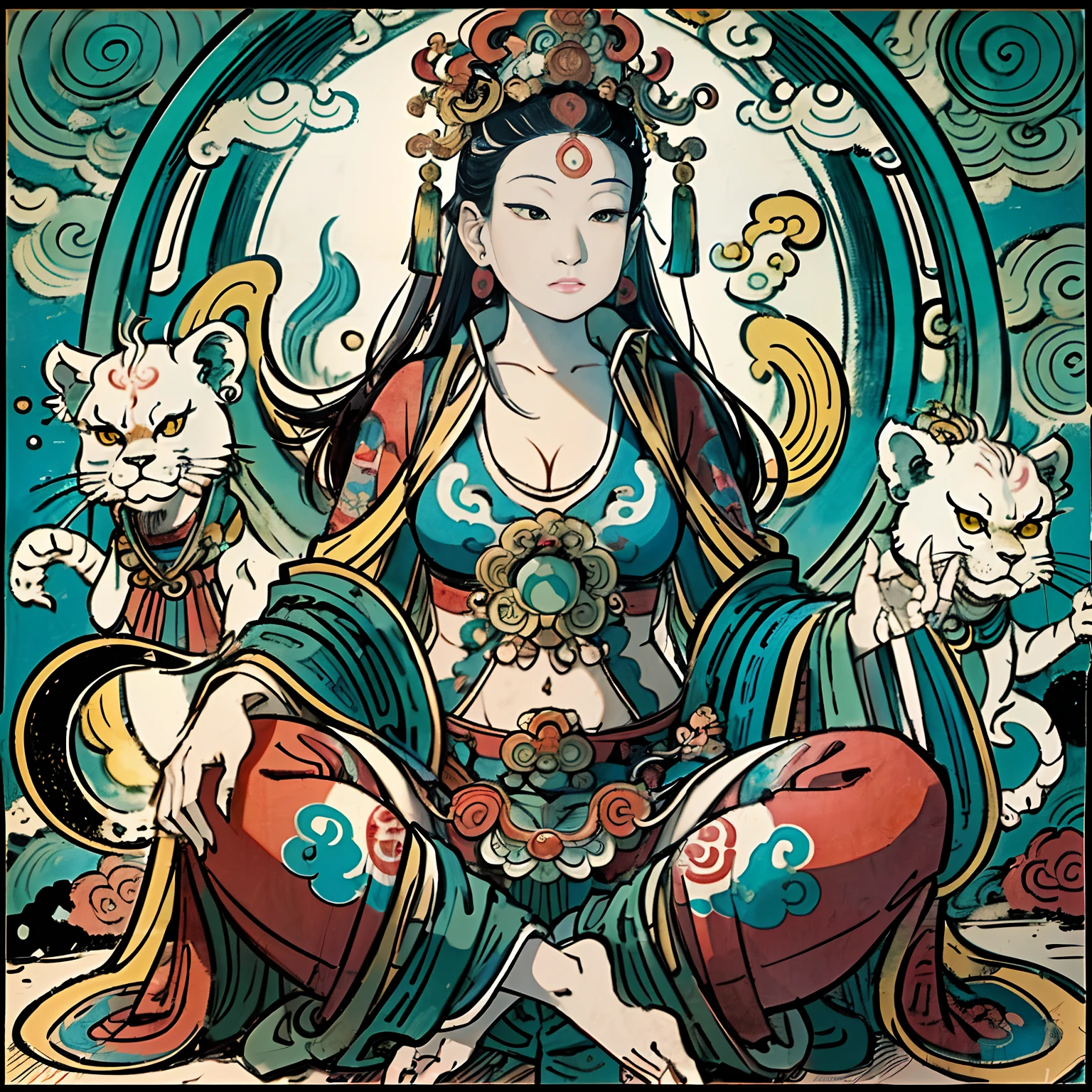 an ancient Chinese goddess, guanyin of the southern seas, Guanyin, Inspired by India, Avalokiteshvara Bodhisattva Lion,,Serene expression,shui mo hua,Buddha,Buddhist,Lotus,Chinese painting style,Thangka style