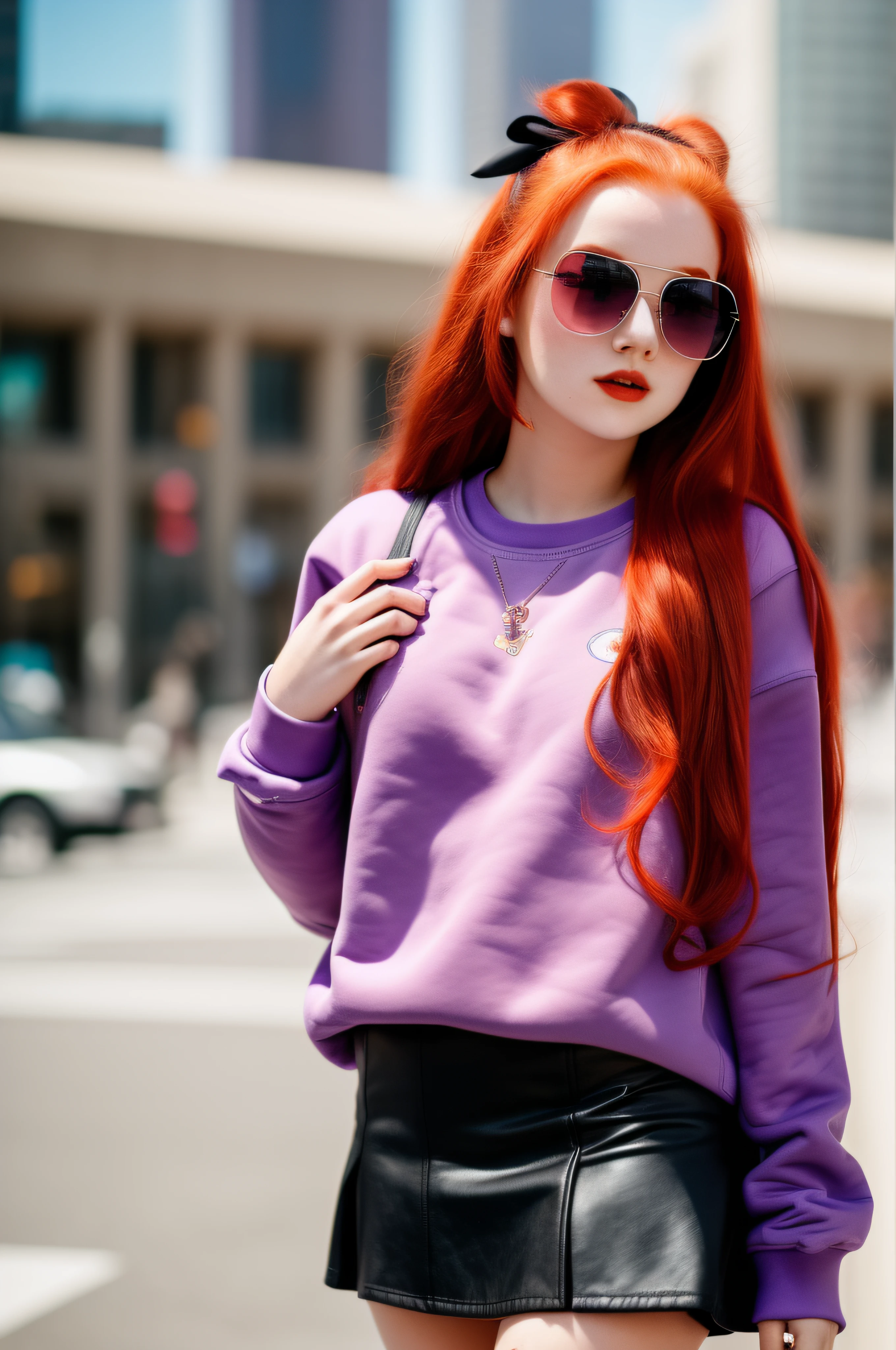 1 girl, 20 years old, long red hair, short purple sweatshirt, black mini skirt, colored ribbon in her hair, sunglasses, city